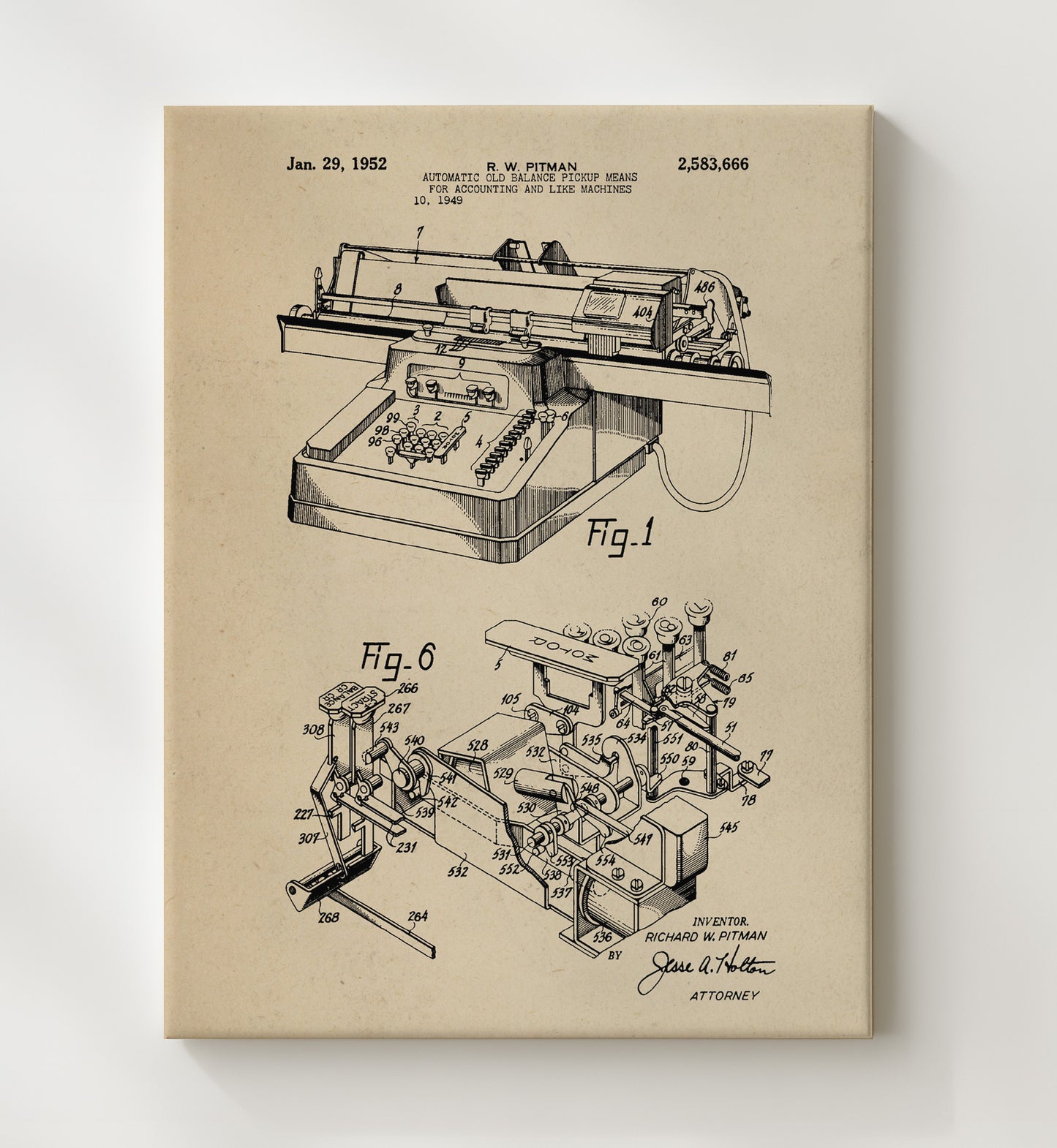 Patent Print - Automatic Old Balance Pickup Means For Accounting And Like Machines - R. W. Pitman - 1952 - Patent 2583666 Patent Wall Art