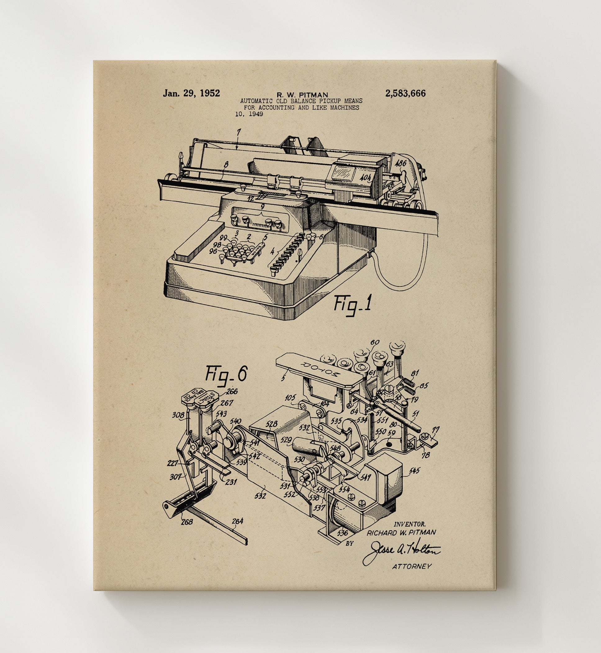 Patent Print - Automatic Old Balance Pickup Means For Accounting And Like Machines - R. W. Pitman - 1952 - Patent 2583666 Patent Wall Art