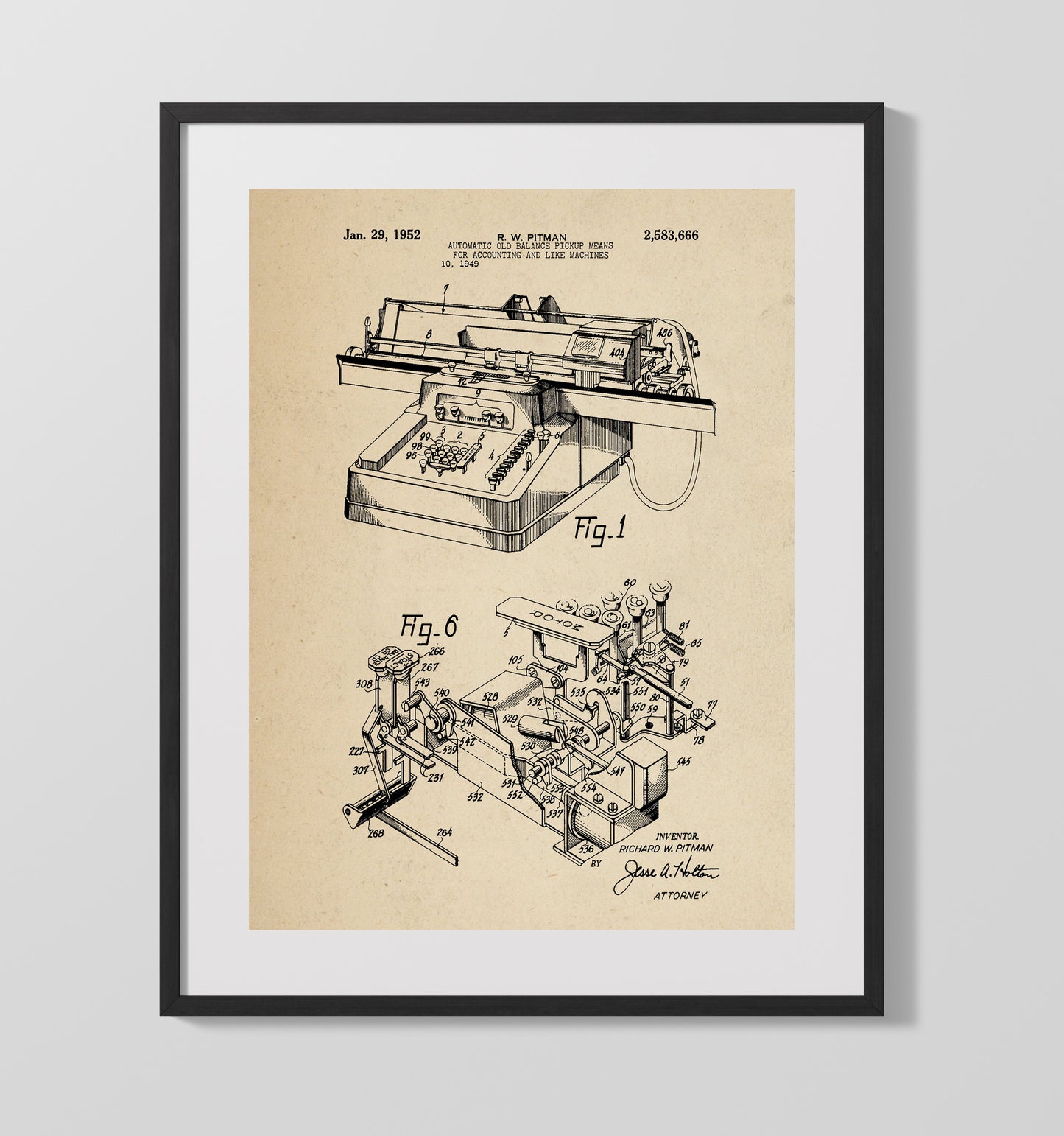 Patent Print - Automatic Old Balance Pickup Means For Accounting And Like Machines - R. W. Pitman - 1952 - Patent 2583666 Patent Wall Art