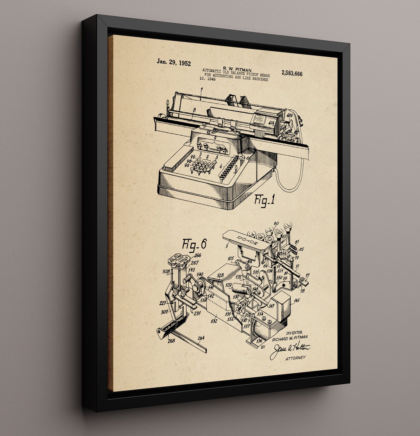 Patent Print - Automatic Old Balance Pickup Means For Accounting And Like Machines - R. W. Pitman - 1952 - Patent 2583666 Patent Wall Art