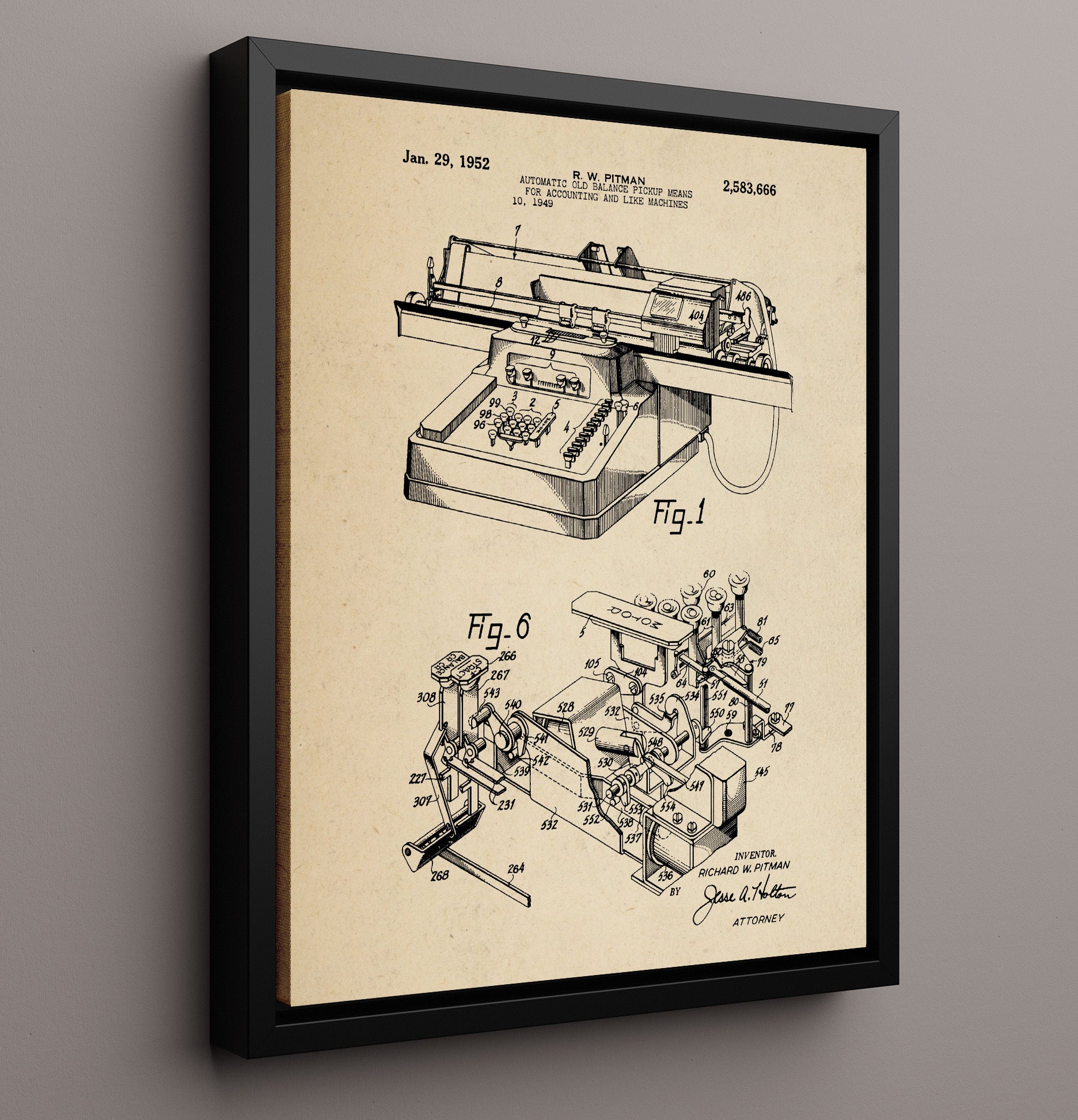 Patent Print - Automatic Old Balance Pickup Means For Accounting And Like Machines - R. W. Pitman - 1952 - Patent 2583666 Patent Wall Art