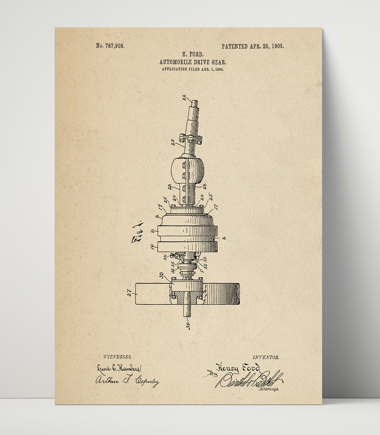 Patent Print - Automobile Drive Gear - Henry Ford - 1905 - Patent 787908 Patent Wall Art