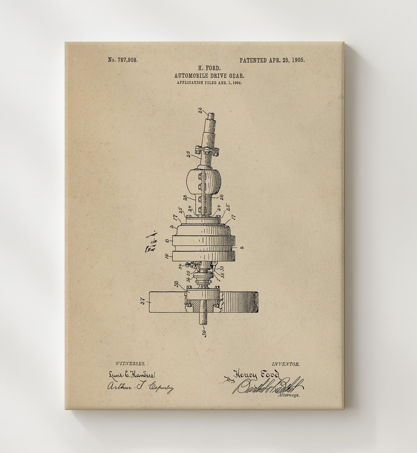 Patent Print - Automobile Drive Gear - Henry Ford - 1905 - Patent 787908 Patent Wall Art