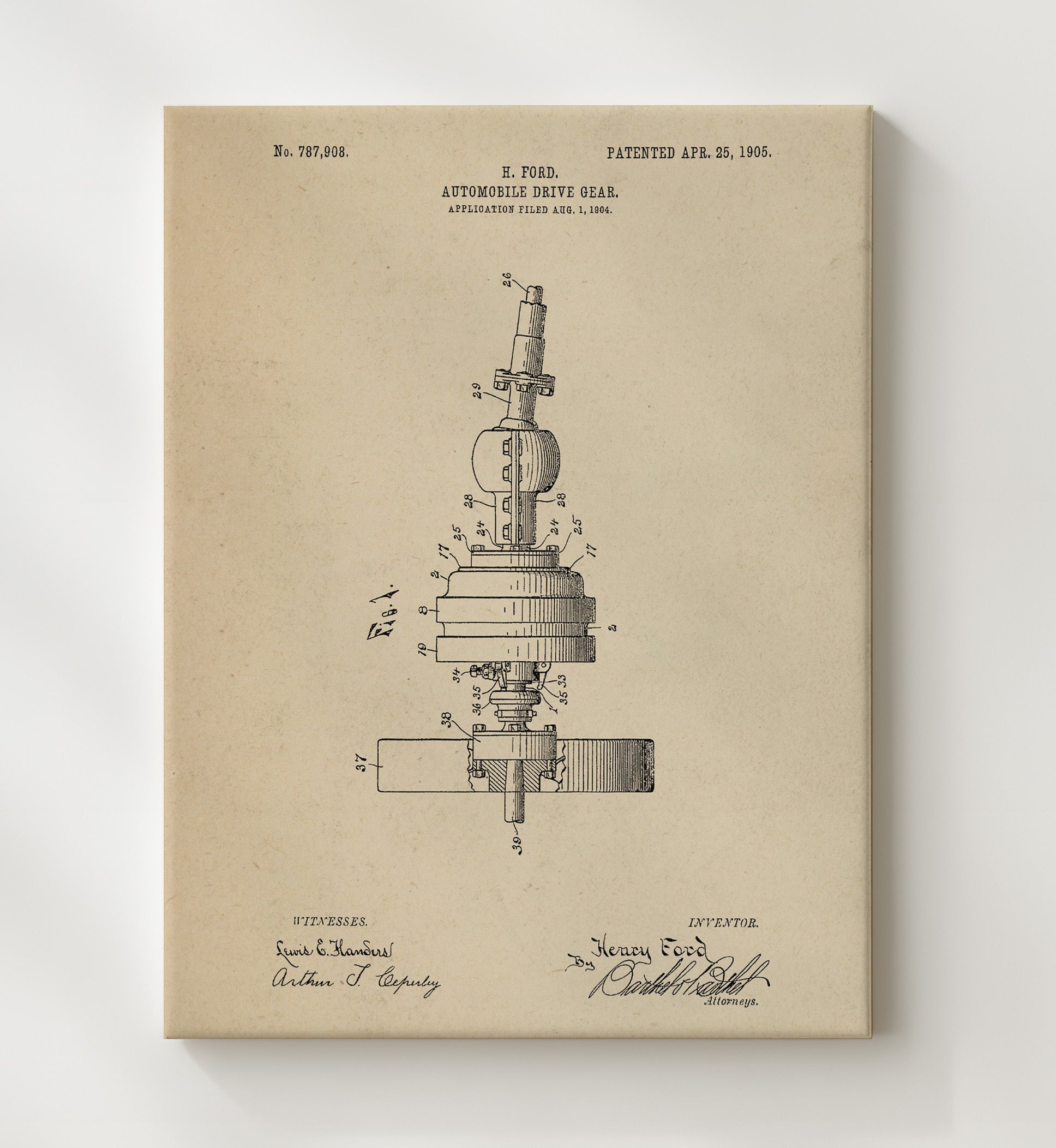 Patent Print - Automobile Drive Gear - Henry Ford - 1905 - Patent 787908 Patent Wall Art