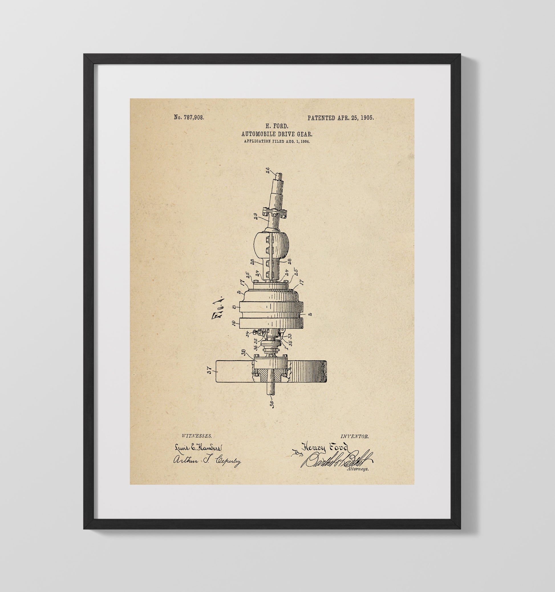 Patent Print - Automobile Drive Gear - Henry Ford - 1905 - Patent 787908 Patent Wall Art