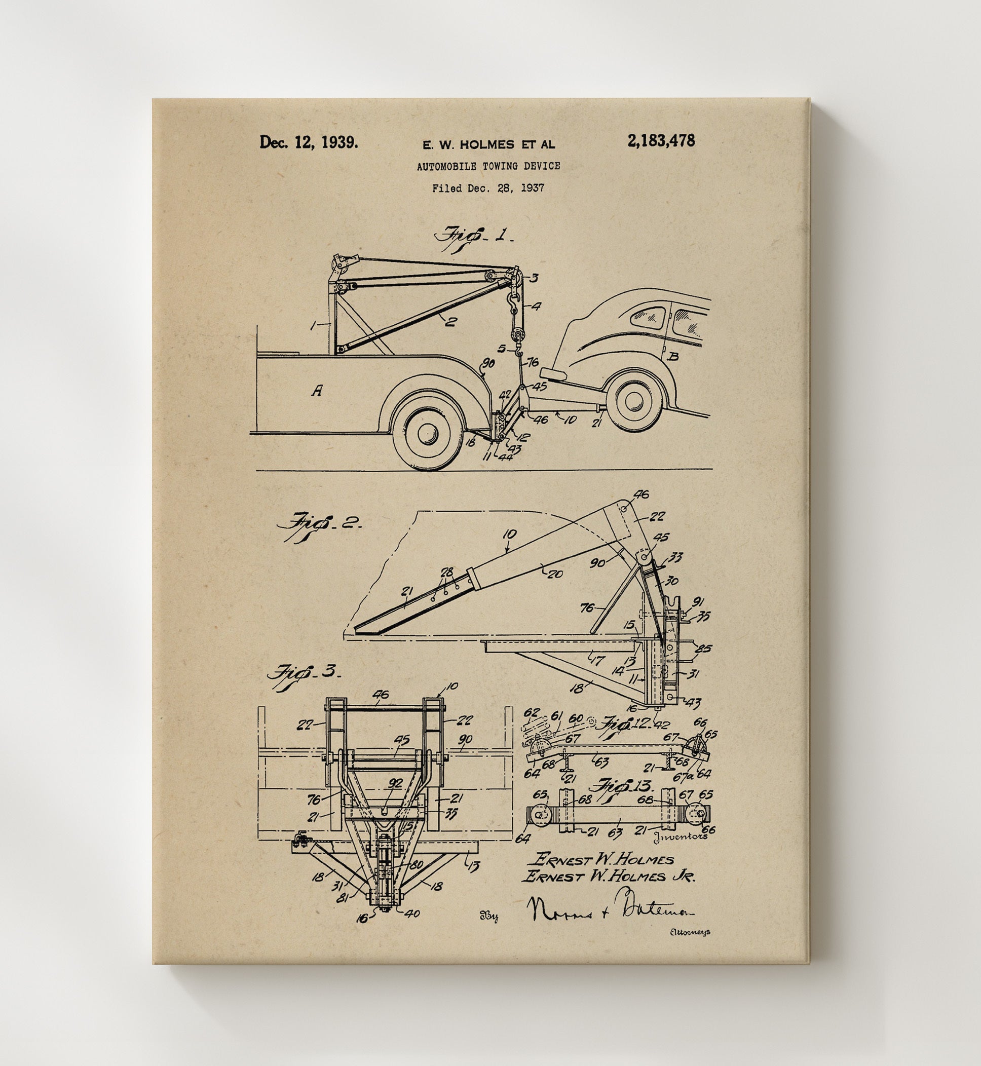 Patent Print - Automobile Towing Device - Ernest W Holmes Et Al - 1939 - Patent 2183478 Patent Wall Art