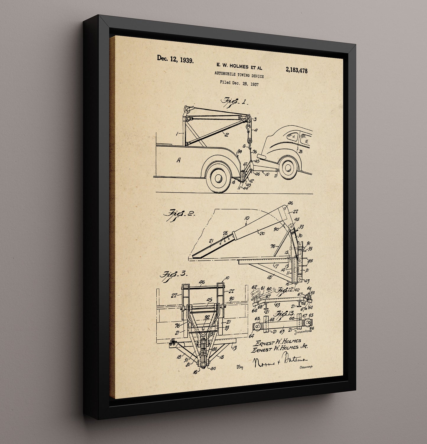 Patent Print - Automobile Towing Device - Ernest W Holmes Et Al - 1939 - Patent 2183478 Patent Wall Art