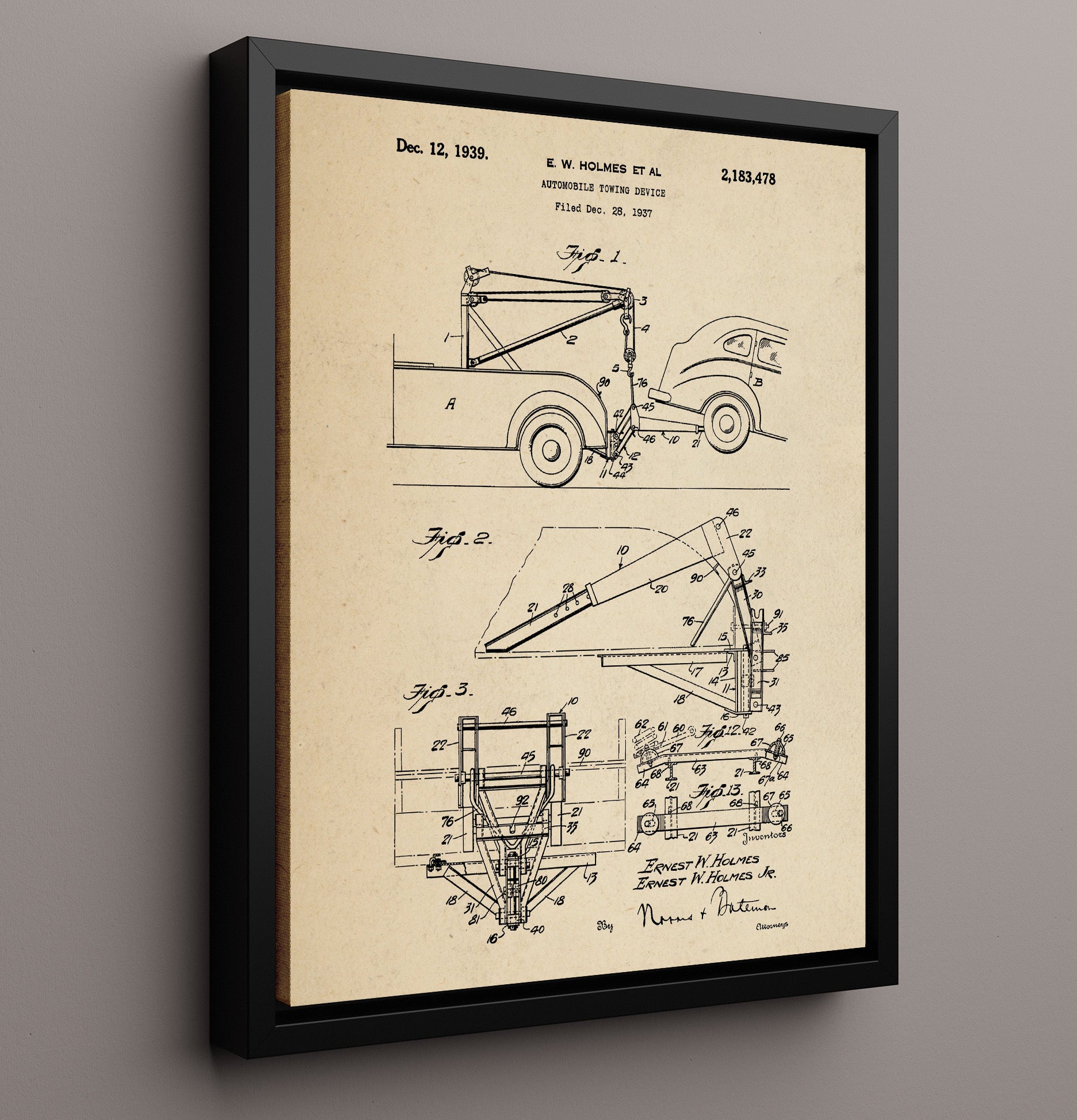 Patent Print - Automobile Towing Device - Ernest W Holmes Et Al - 1939 - Patent 2183478 Patent Wall Art