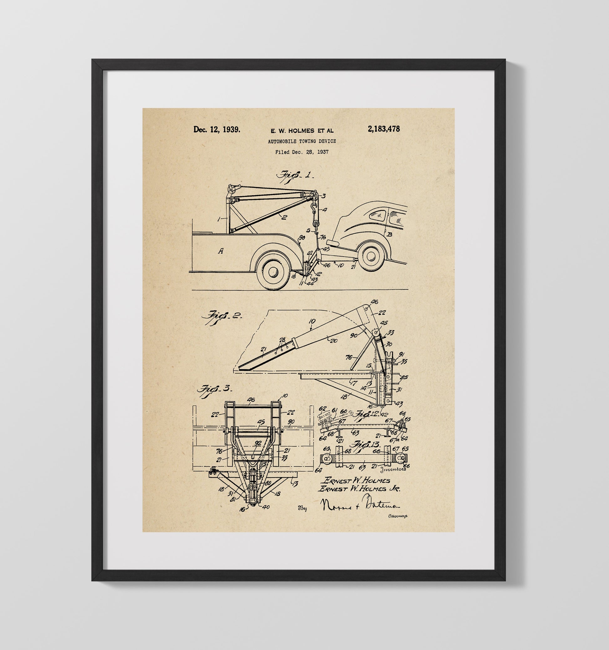 Patent Print - Automobile Towing Device - Ernest W Holmes Et Al - 1939 - Patent 2183478 Patent Wall Art