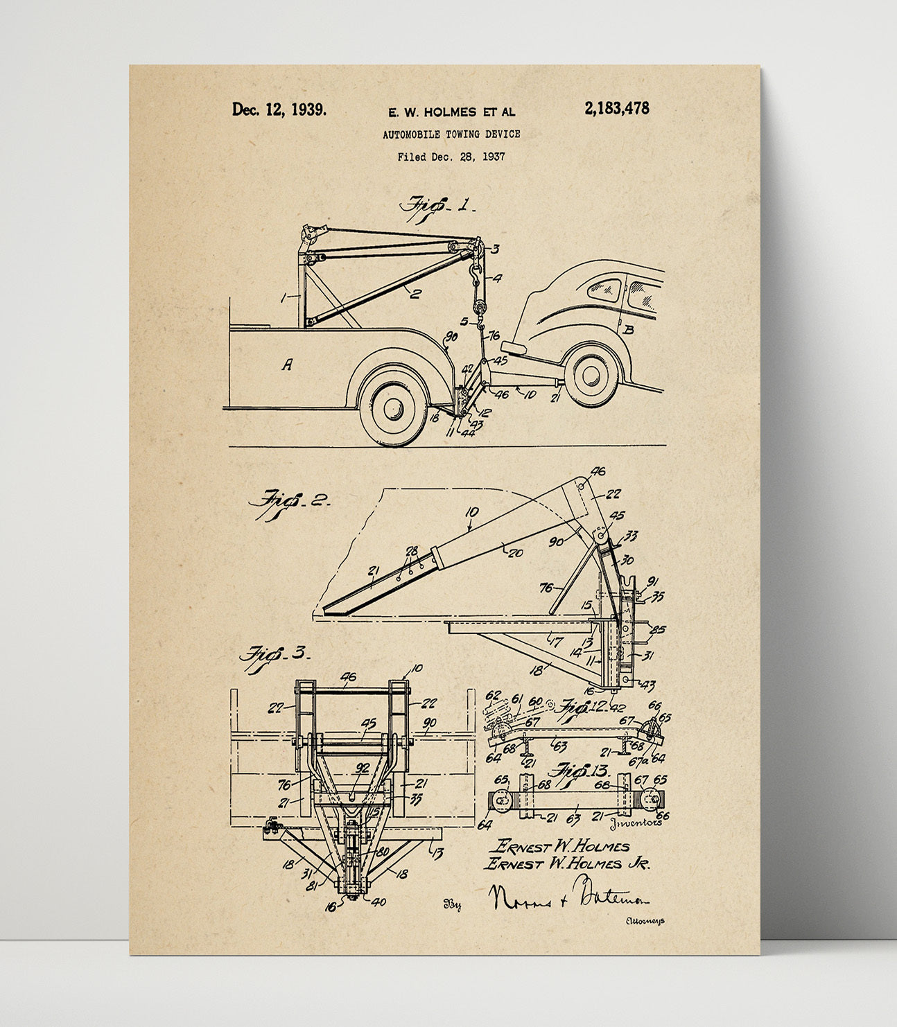 Patent Print - Automobile Towing Device - Ernest W Holmes Et Al - 1939 - Patent 2183478 Patent Wall Art