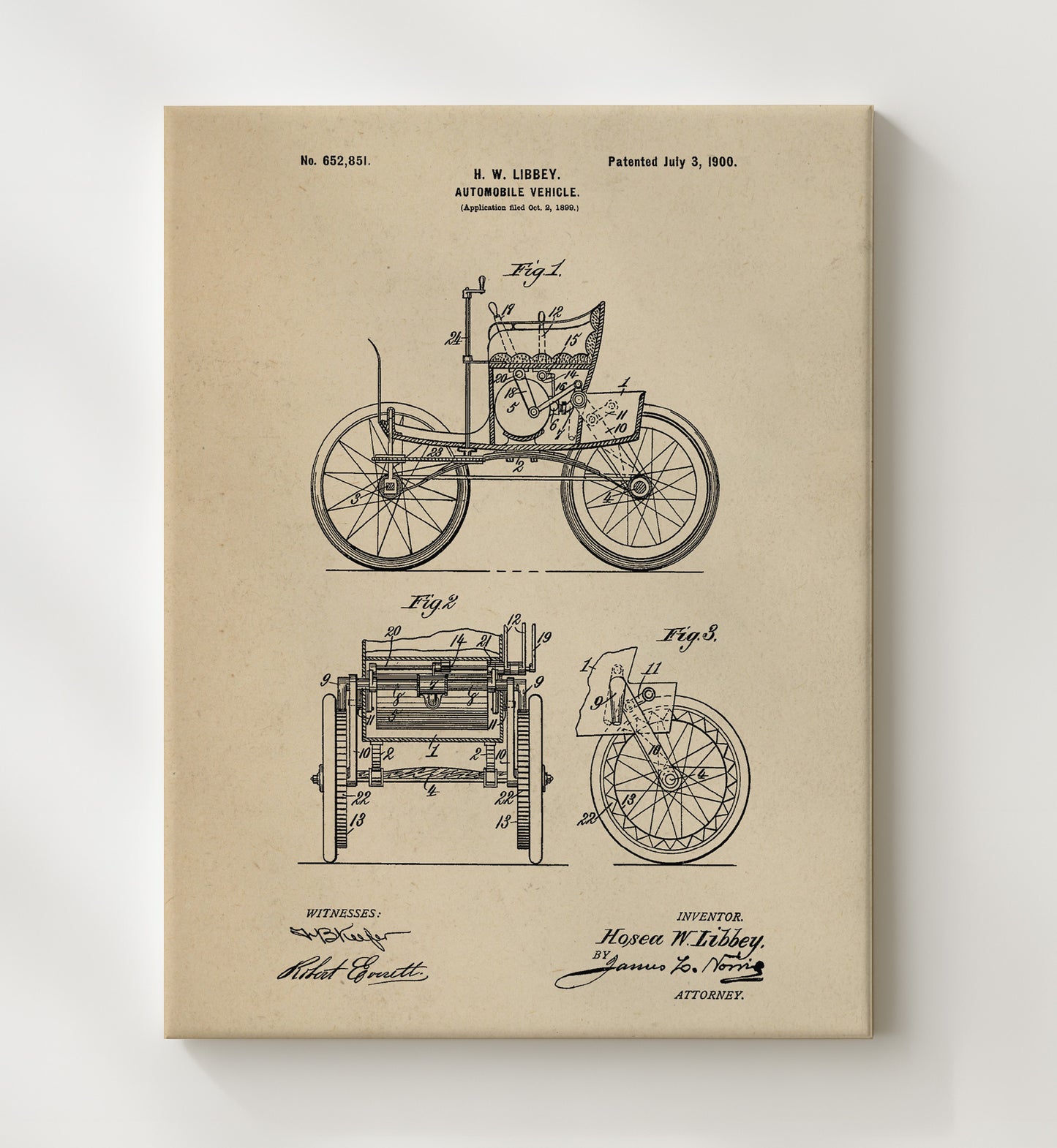 Patent Print - Automobile Vehicle - Hosea W Libbey - 1900 - Patent 652851 Patent Wall Art