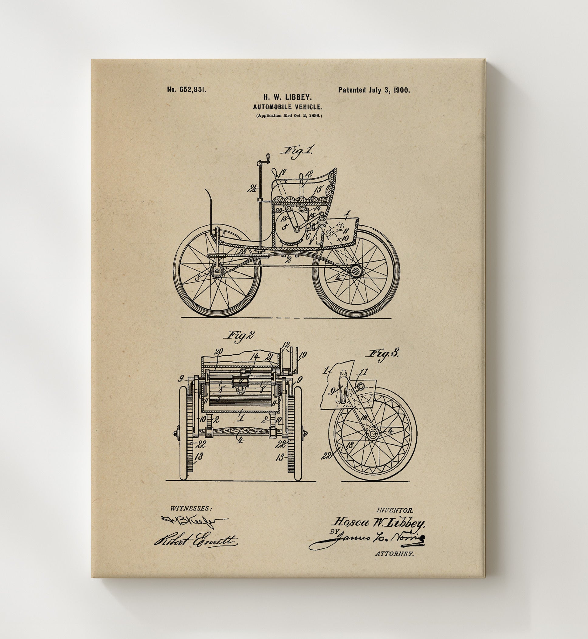 Patent Print - Automobile Vehicle - Hosea W Libbey - 1900 - Patent 652851 Patent Wall Art