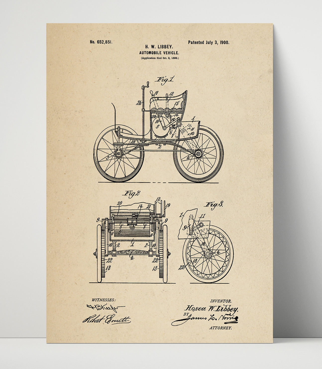 Patent Print - Automobile Vehicle - Hosea W Libbey - 1900 - Patent 652851 Patent Wall Art