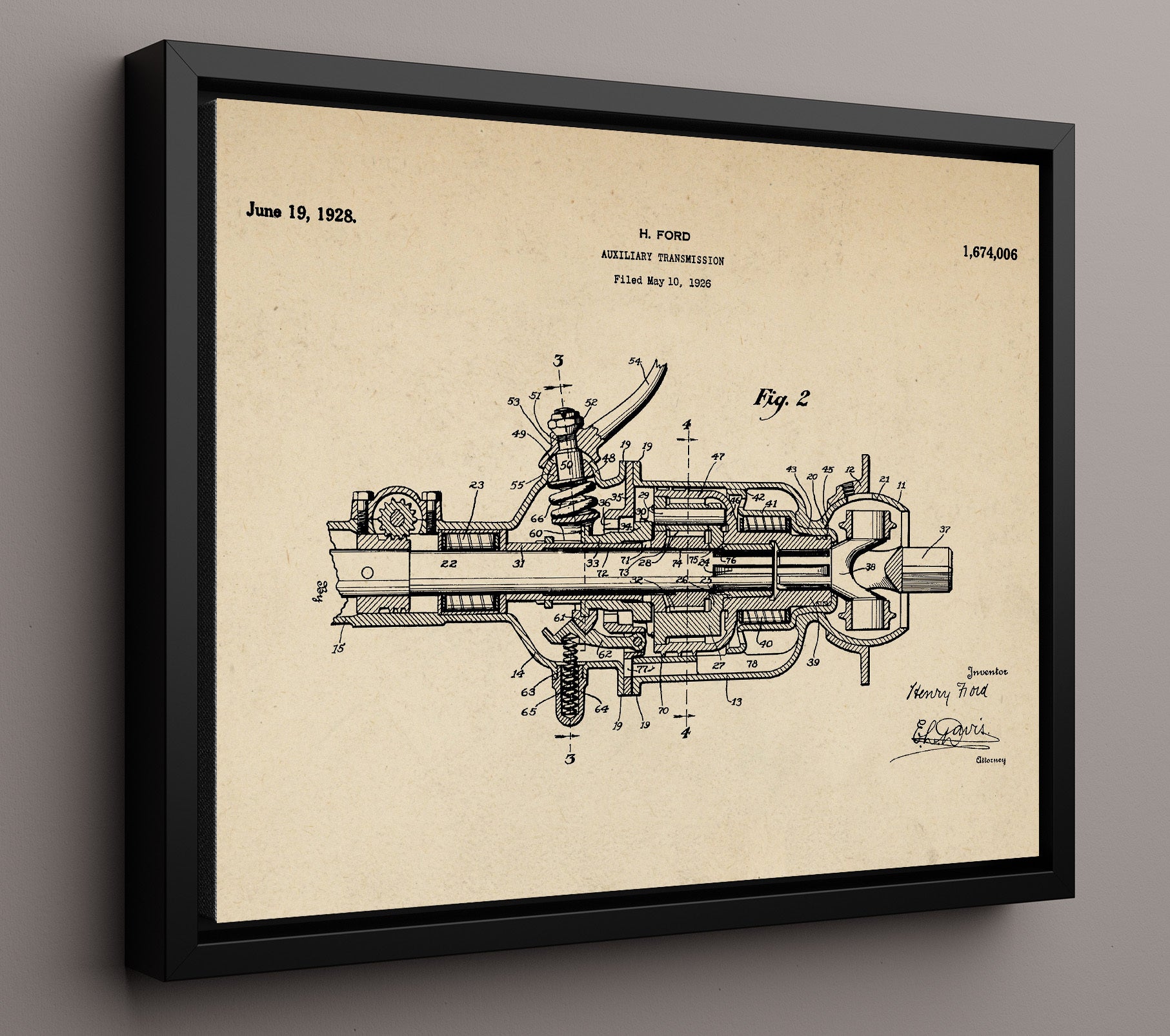 Patent Print - Auxiliary Transmission - Henry Ford - 1928 - Patent 1674006 - Landscape Patent Wall Art
