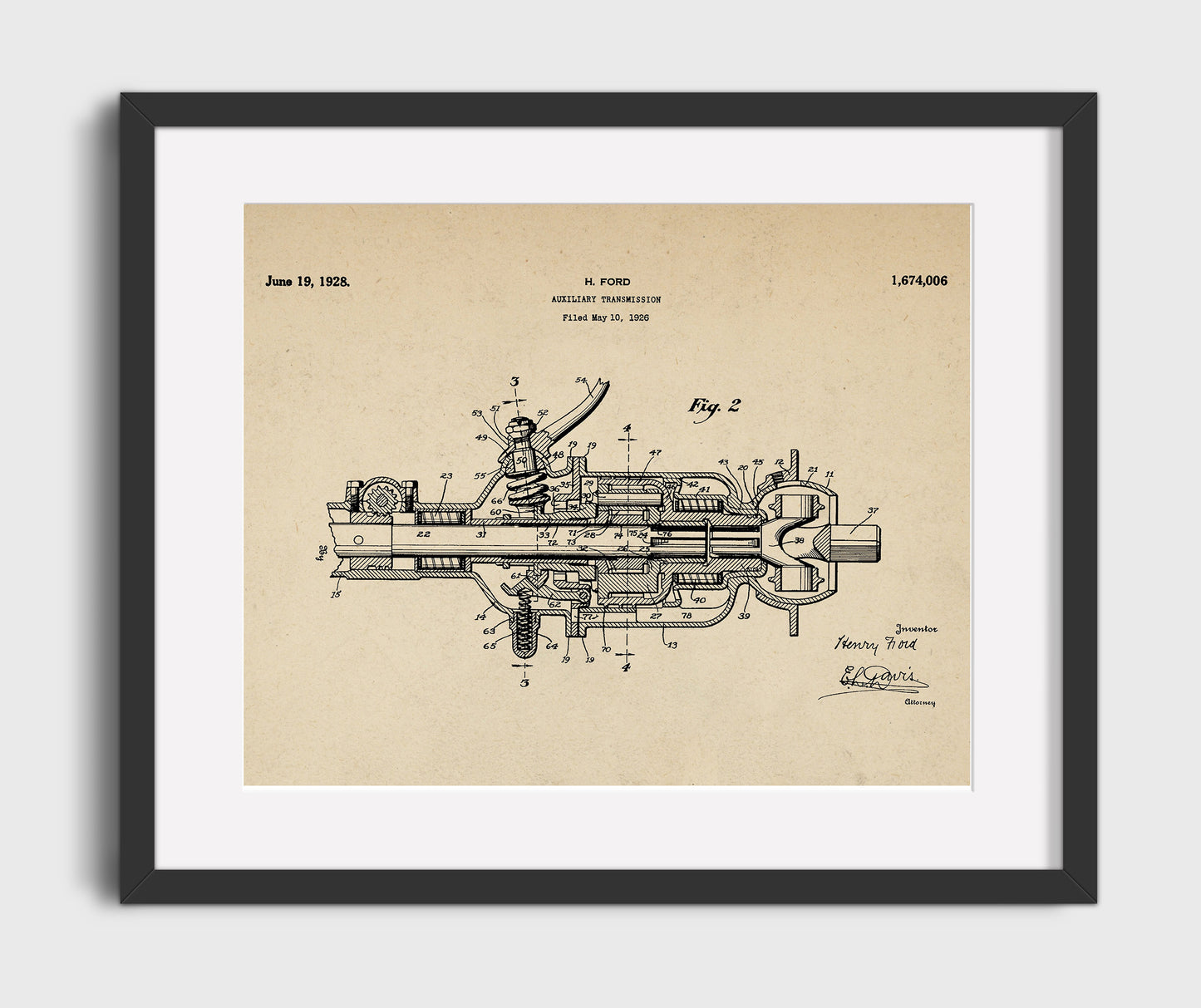 Patent Print - Auxiliary Transmission - Henry Ford - 1928 - Patent 1674006 - Landscape Patent Wall Art