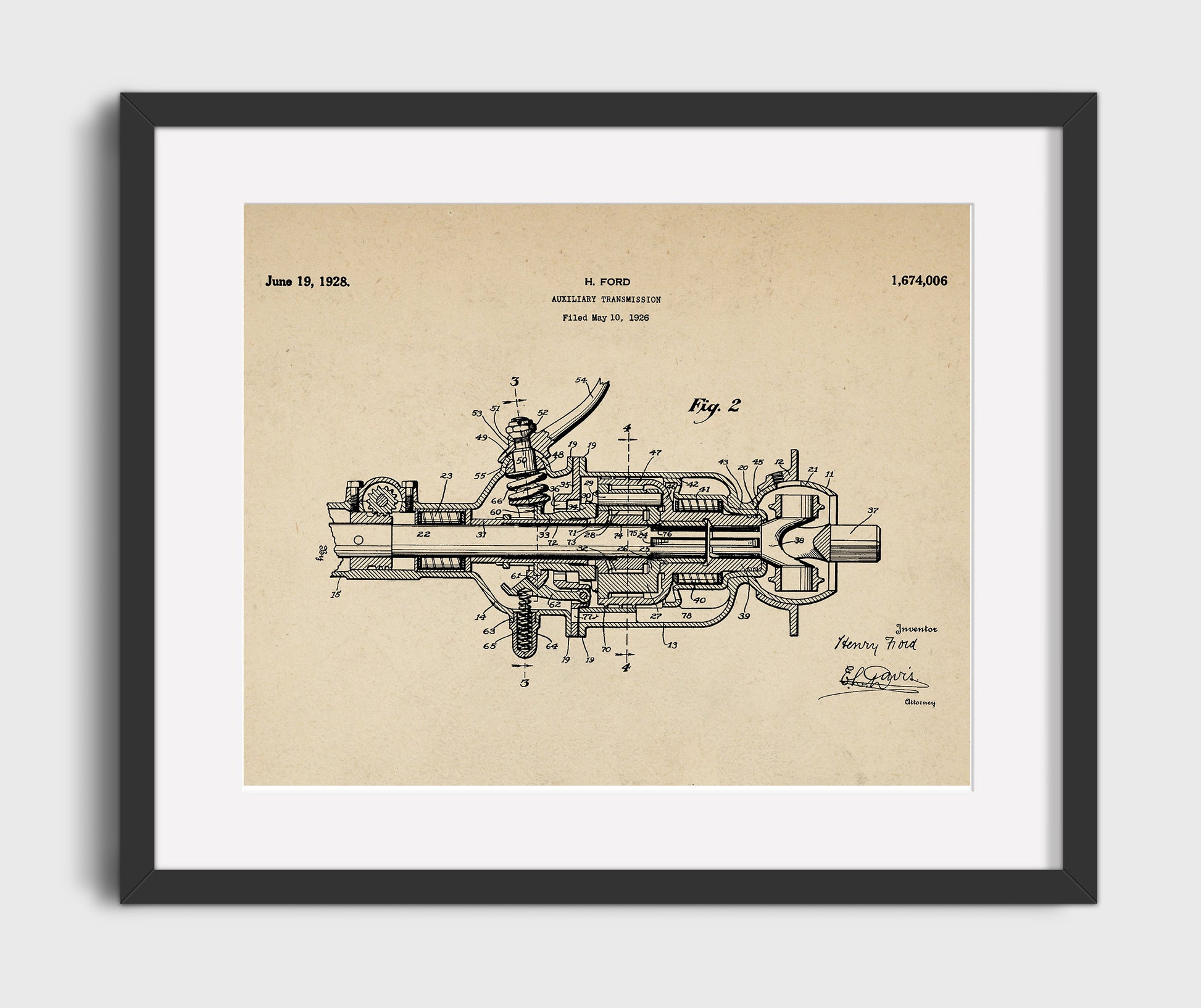 Patent Print - Auxiliary Transmission - Henry Ford - 1928 - Patent 1674006 - Landscape Patent Wall Art