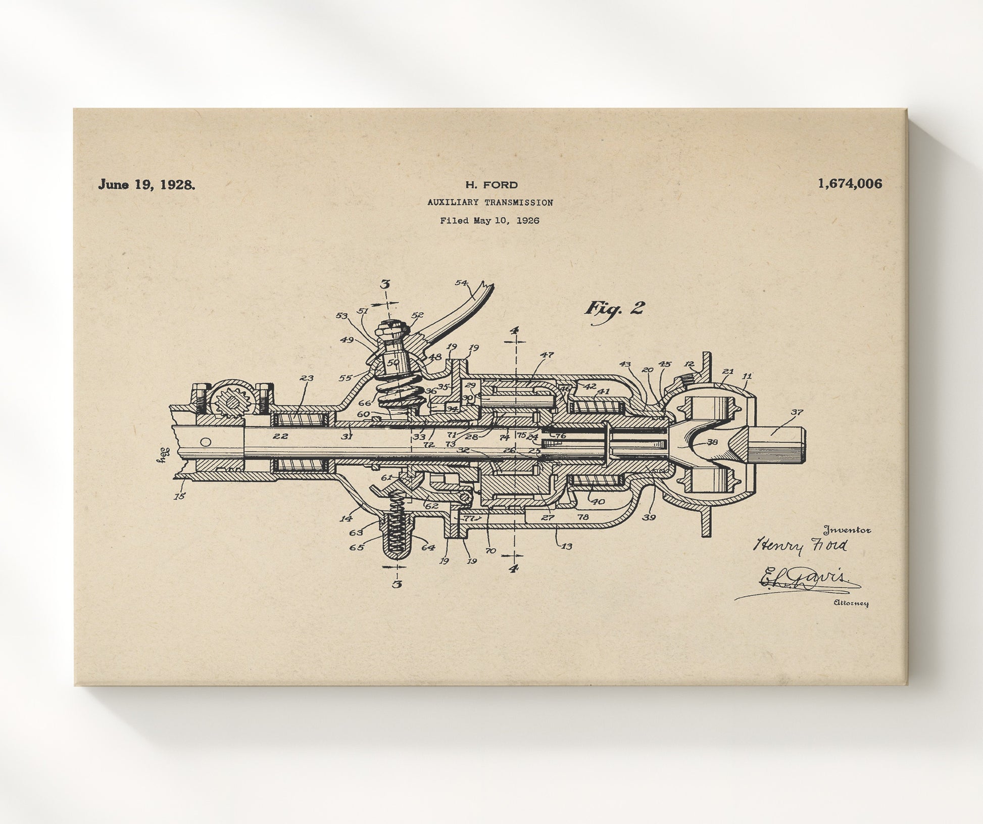 Patent Print - Auxiliary Transmission - Henry Ford - 1928 - Patent 1674006 - Landscape Patent Wall Art