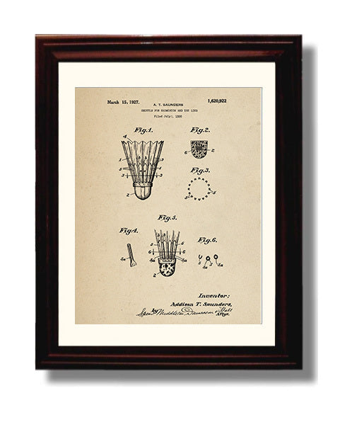 Patent Print - Badminton Shuttlecock - A T Saunders - 1927 - Patent 1620922 Patent Wall Art
