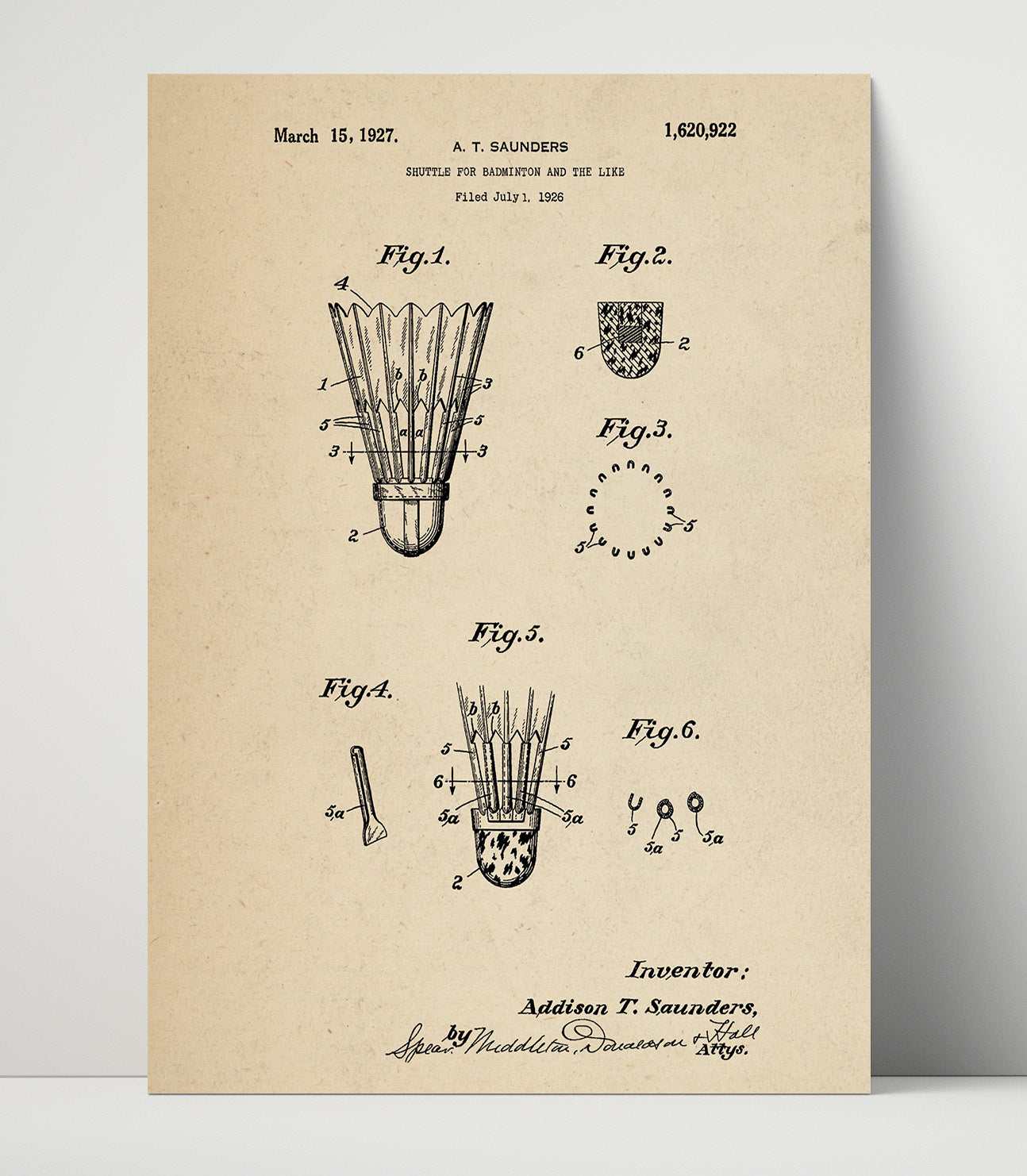 Patent Print - Badminton Shuttlecock - A T Saunders - 1927 - Patent 1620922 Patent Wall Art