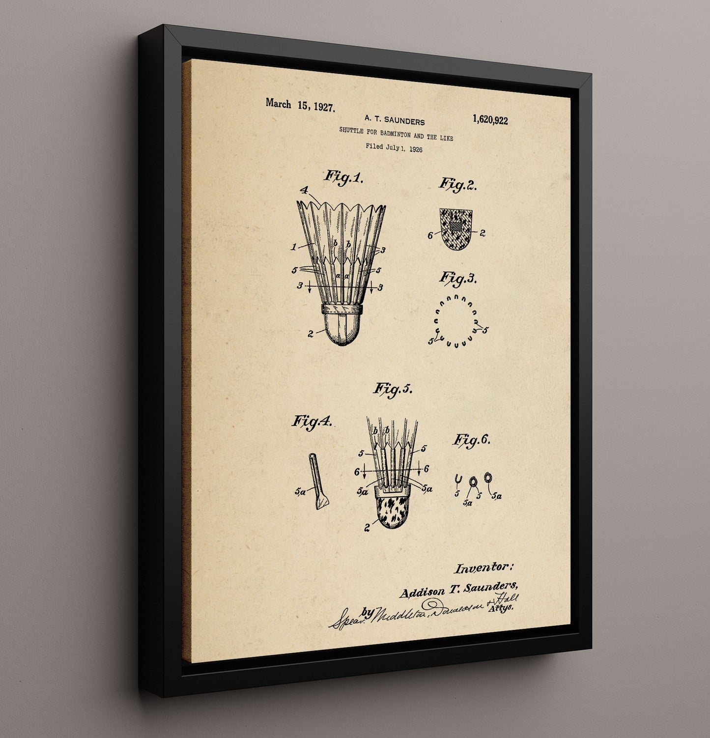 Patent Print - Badminton Shuttlecock - A T Saunders - 1927 - Patent 1620922 Patent Wall Art