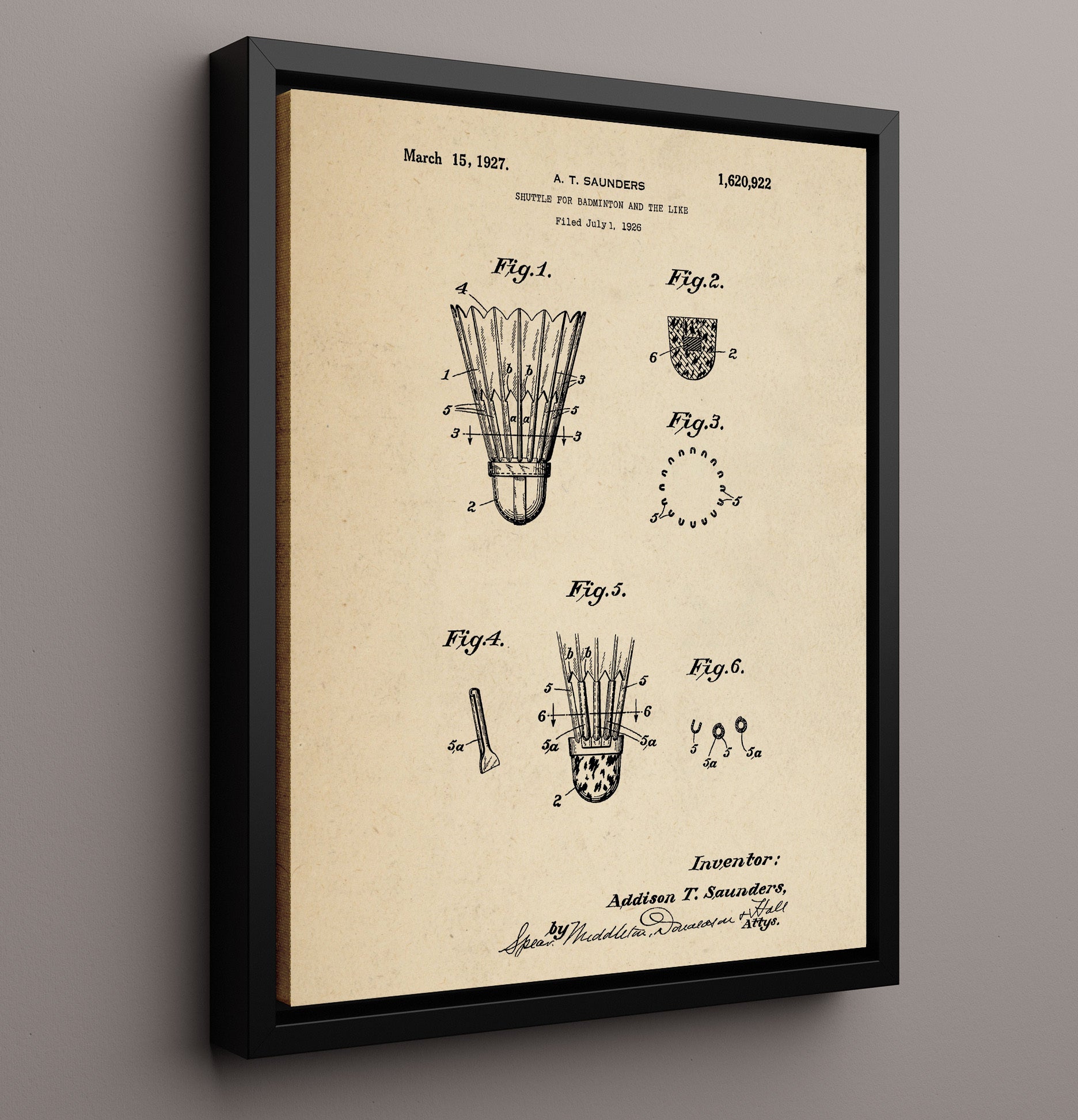 Patent Print - Badminton Shuttlecock - A T Saunders - 1927 - Patent 1620922 Patent Wall Art