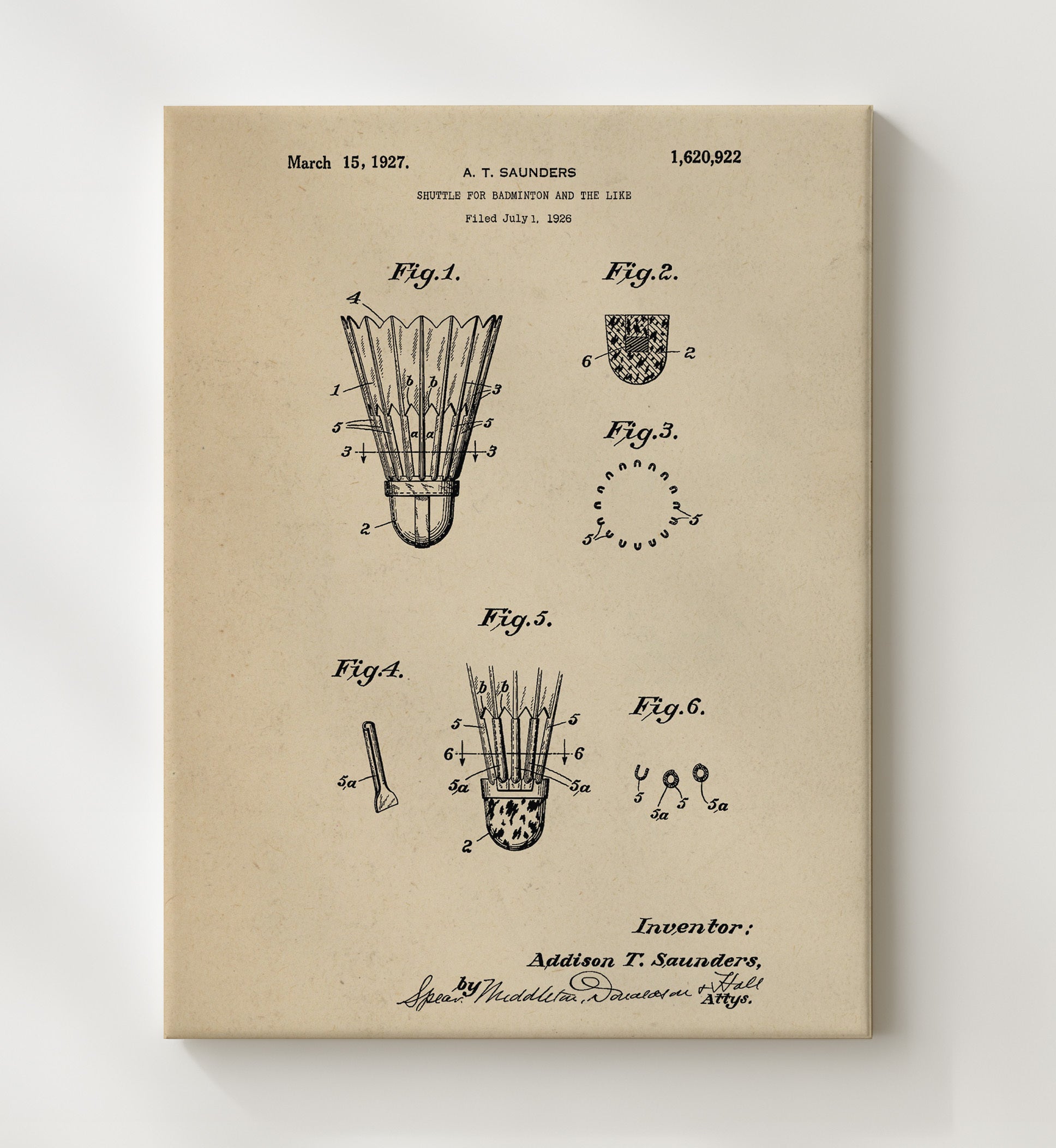Patent Print - Badminton Shuttlecock - A T Saunders - 1927 - Patent 1620922 Patent Wall Art