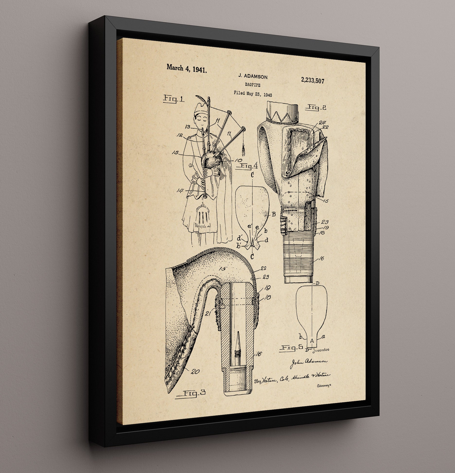 Patent Print - Bagpipe - John Adamson - 1941 - Patent 2233506 Patent Wall Art