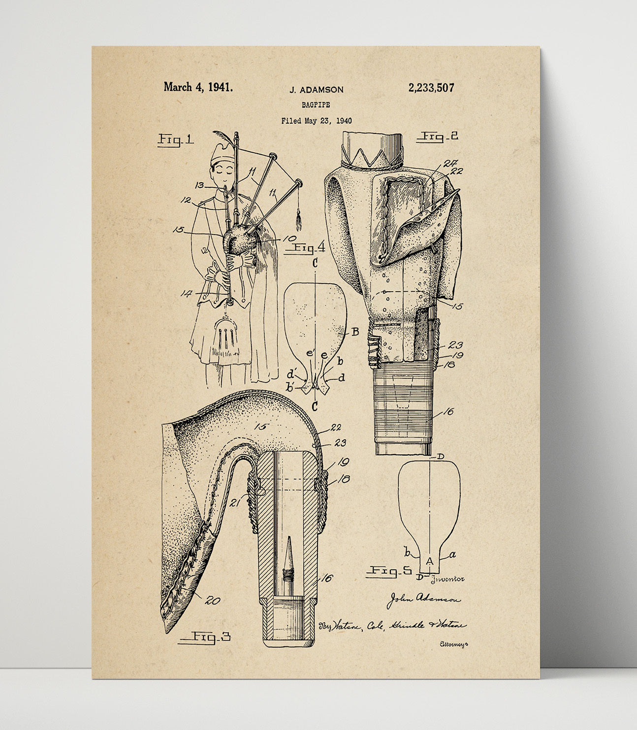 Patent Print - Bagpipe - John Adamson - 1941 - Patent 2233506 Patent Wall Art