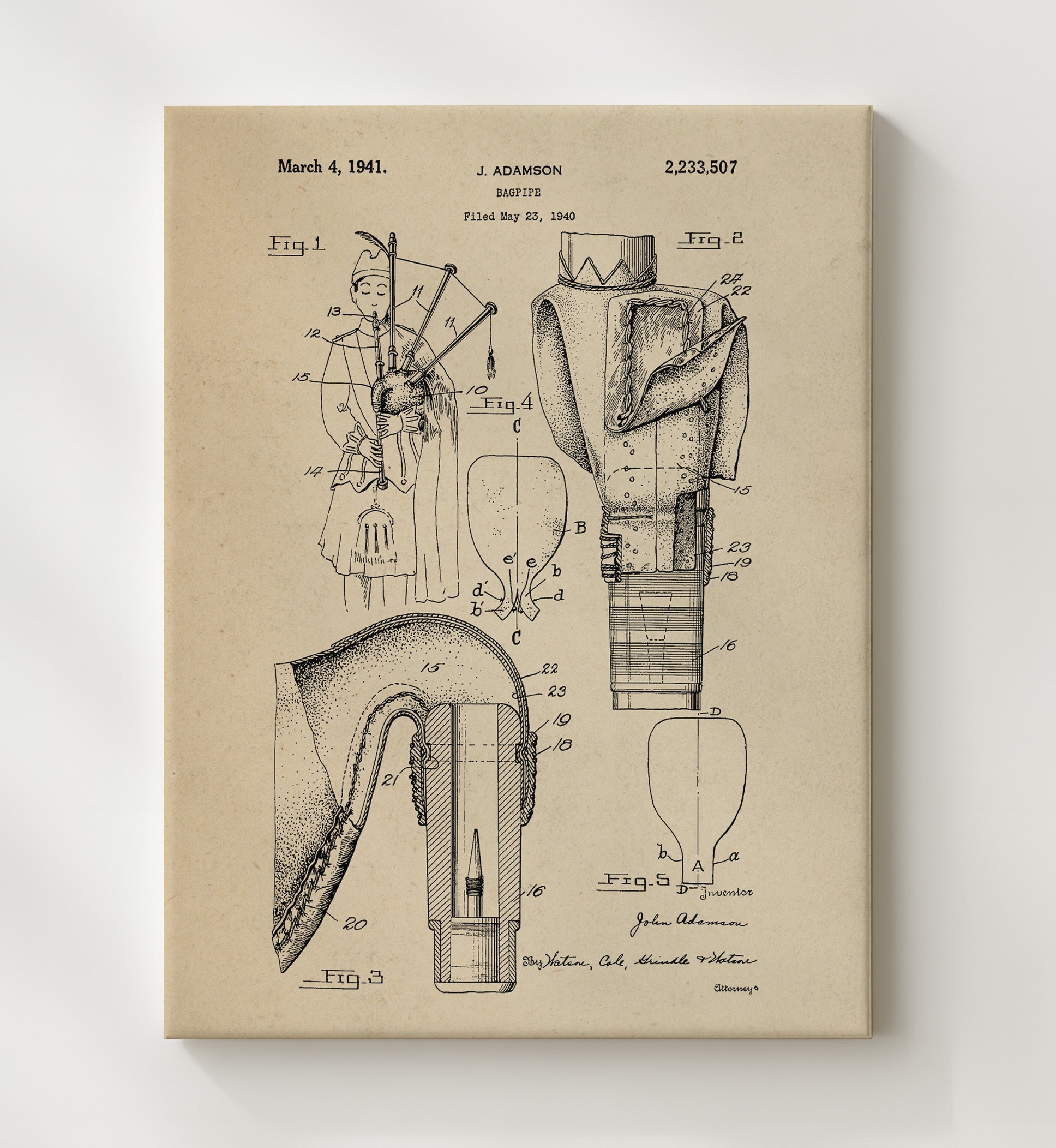 Patent Print - Bagpipe - John Adamson - 1941 - Patent 2233506 Patent Wall Art