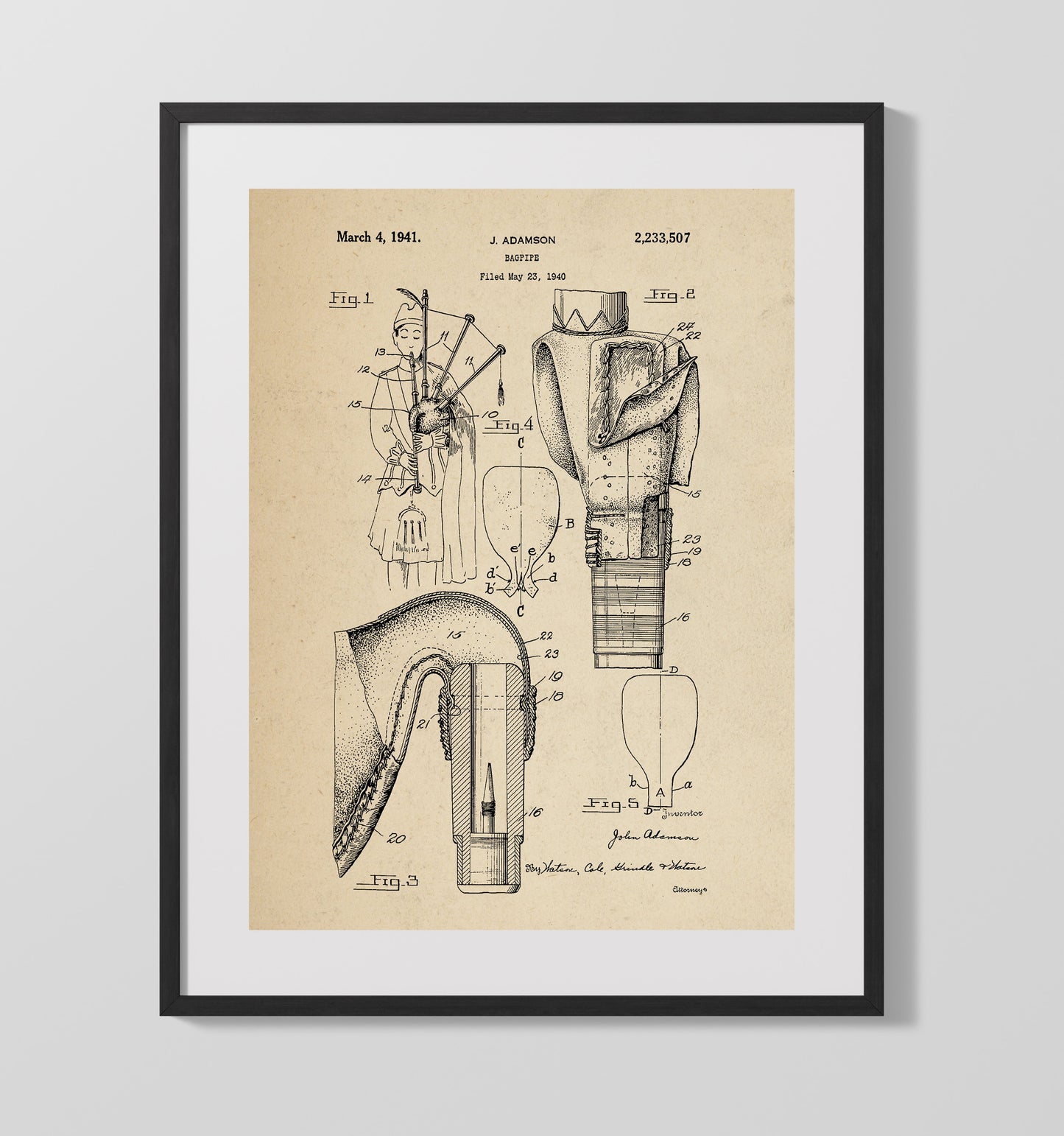 Patent Print - Bagpipe - John Adamson - 1941 - Patent 2233506 Patent Wall Art