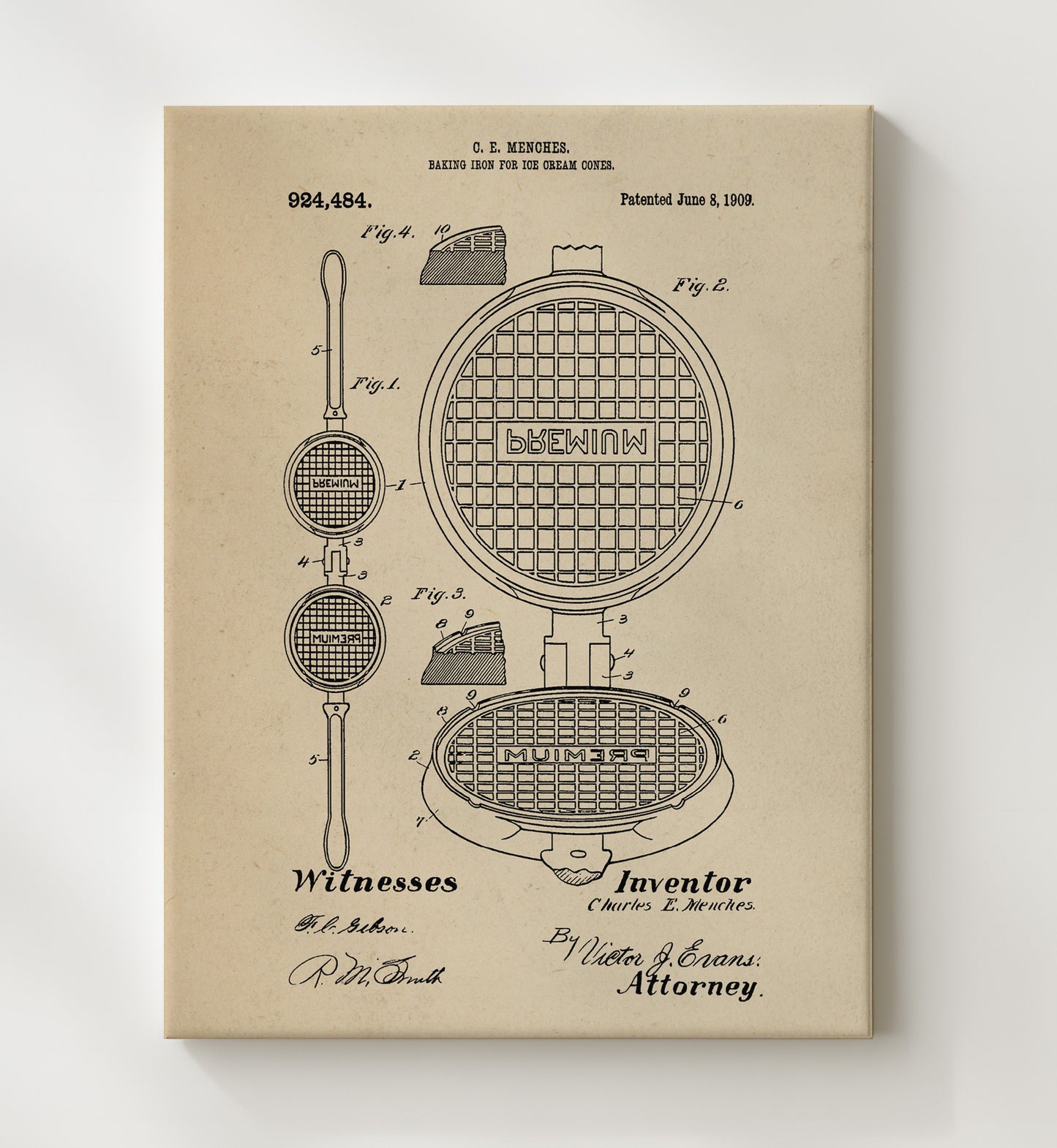 Patent Print - Baking Iron For Ice Cream Cones - C.E. Menches - 1909 - Patent 924484 Patent Wall Art
