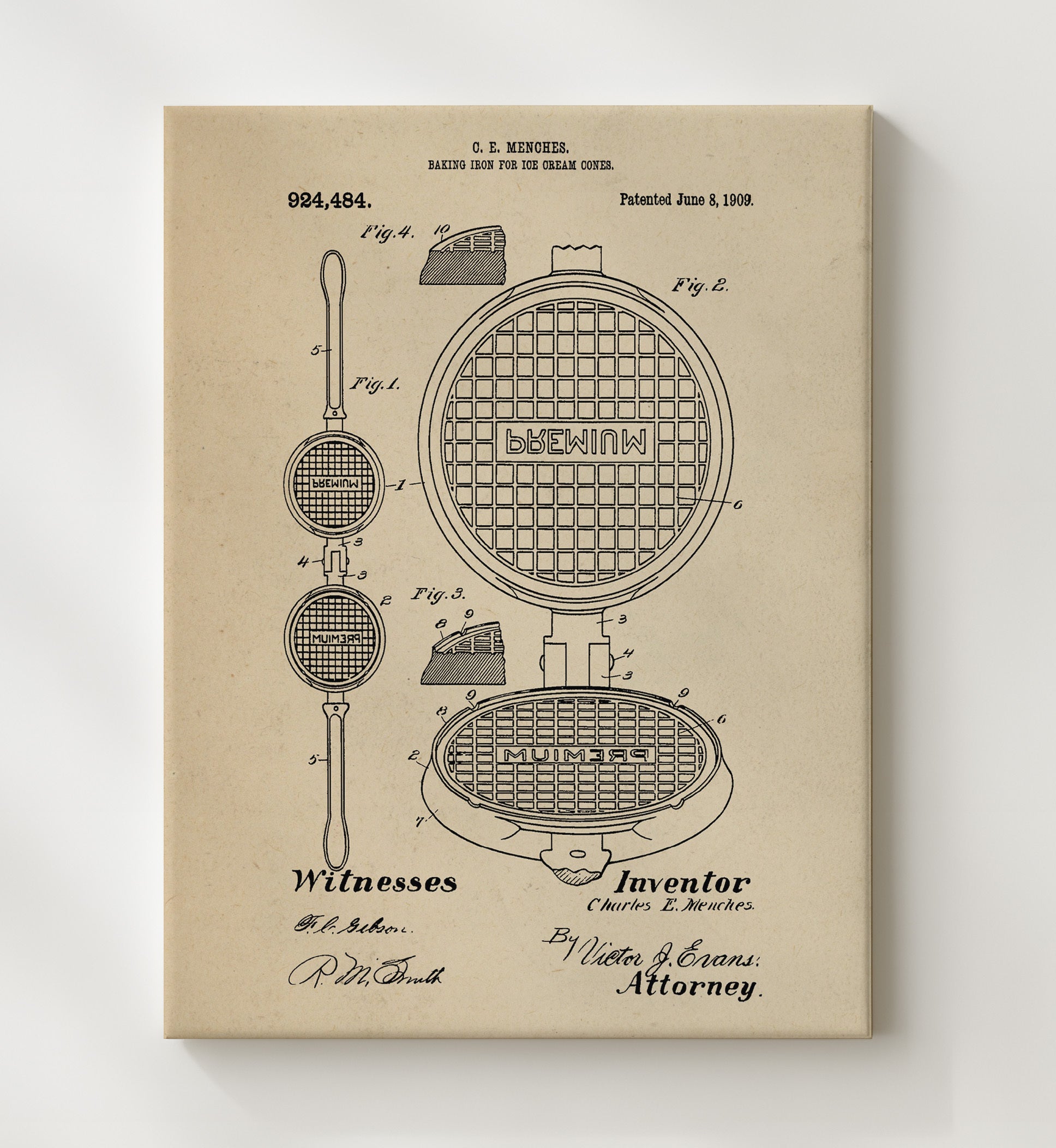 Patent Print - Baking Iron For Ice Cream Cones - C.E. Menches - 1909 - Patent 924484 Patent Wall Art