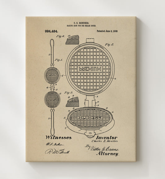 Baking Iron For Ice Cream Cones 1909 patent print wall art 8x10 Canvas