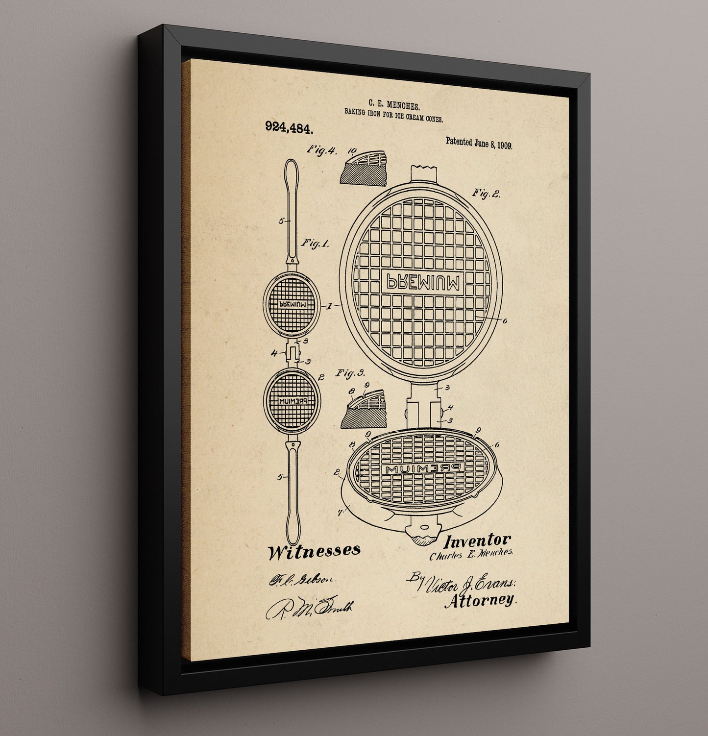 Patent Print - Baking Iron For Ice Cream Cones - C.E. Menches - 1909 - Patent 924484 Patent Wall Art