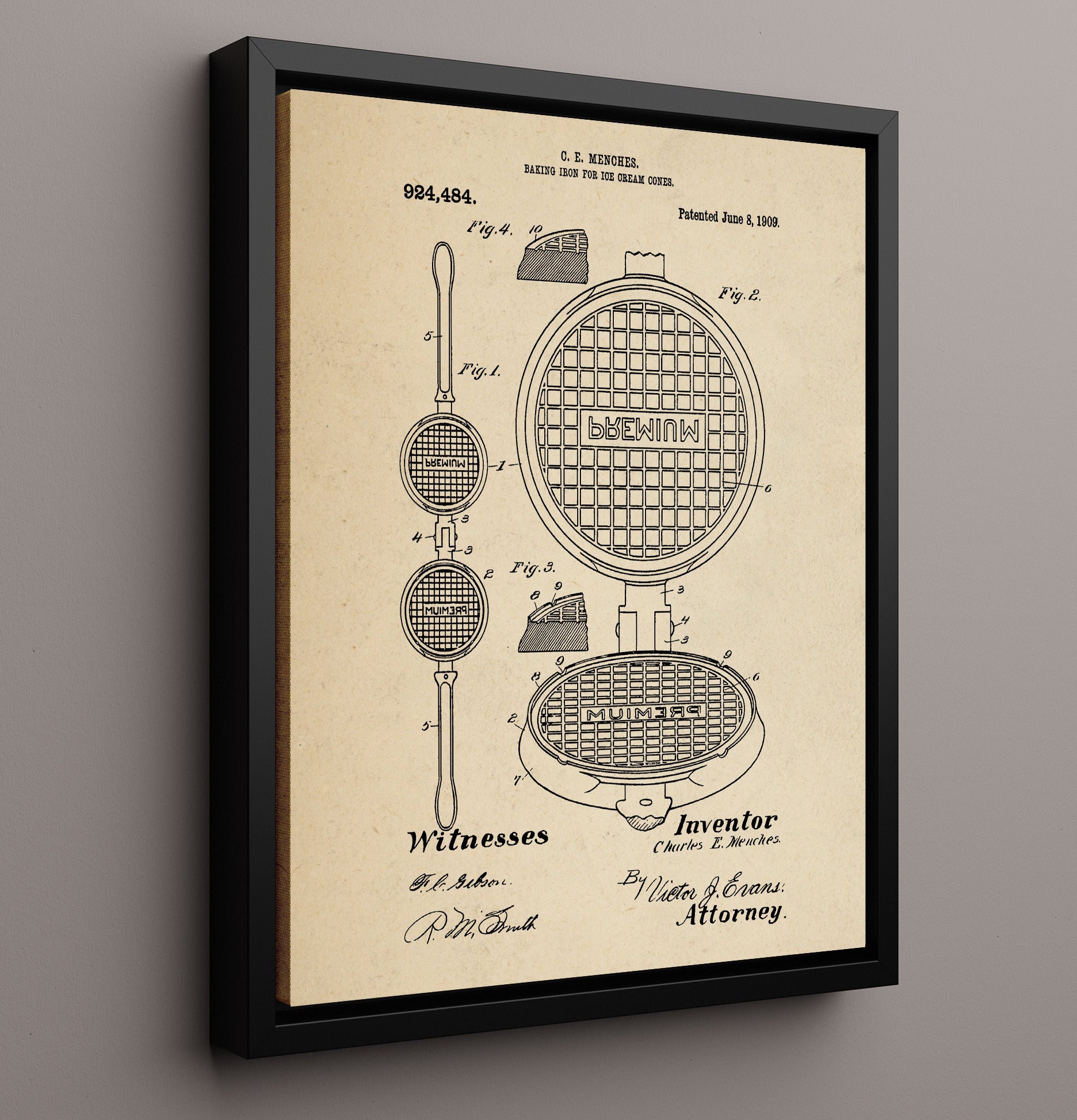 Patent Print - Baking Iron For Ice Cream Cones - C.E. Menches - 1909 - Patent 924484 Patent Wall Art