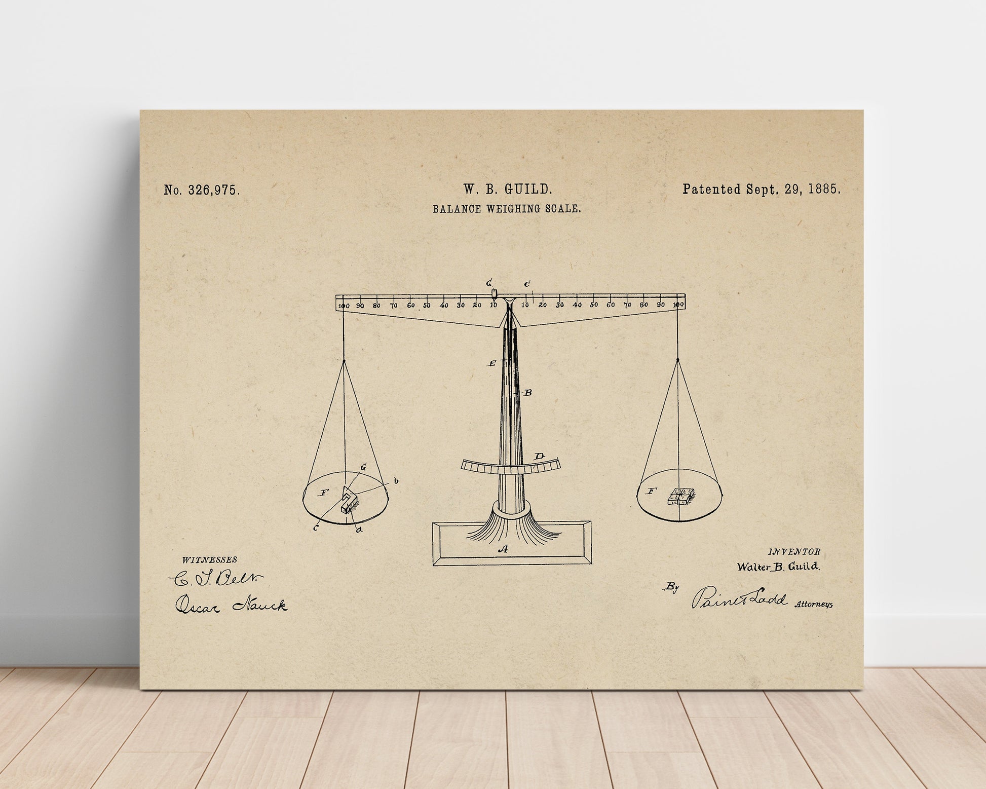 Patent Print - Balance Weighing Scale - Walter B. Guild - 1885 - Patent 326975 - Landscape Patent Wall Art