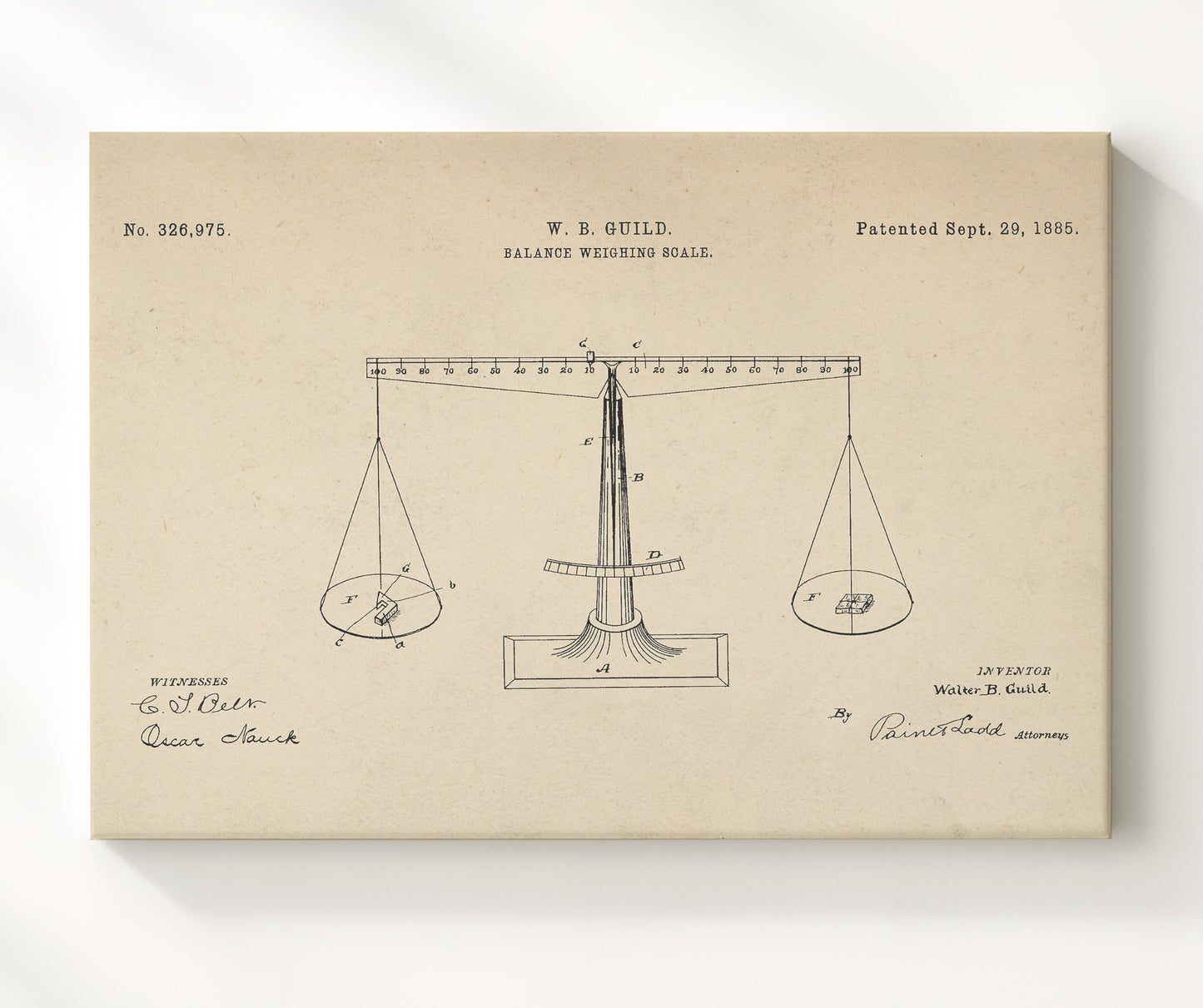 Patent Print - Balance Weighing Scale - Walter B. Guild - 1885 - Patent 326975 - Landscape Patent Wall Art
