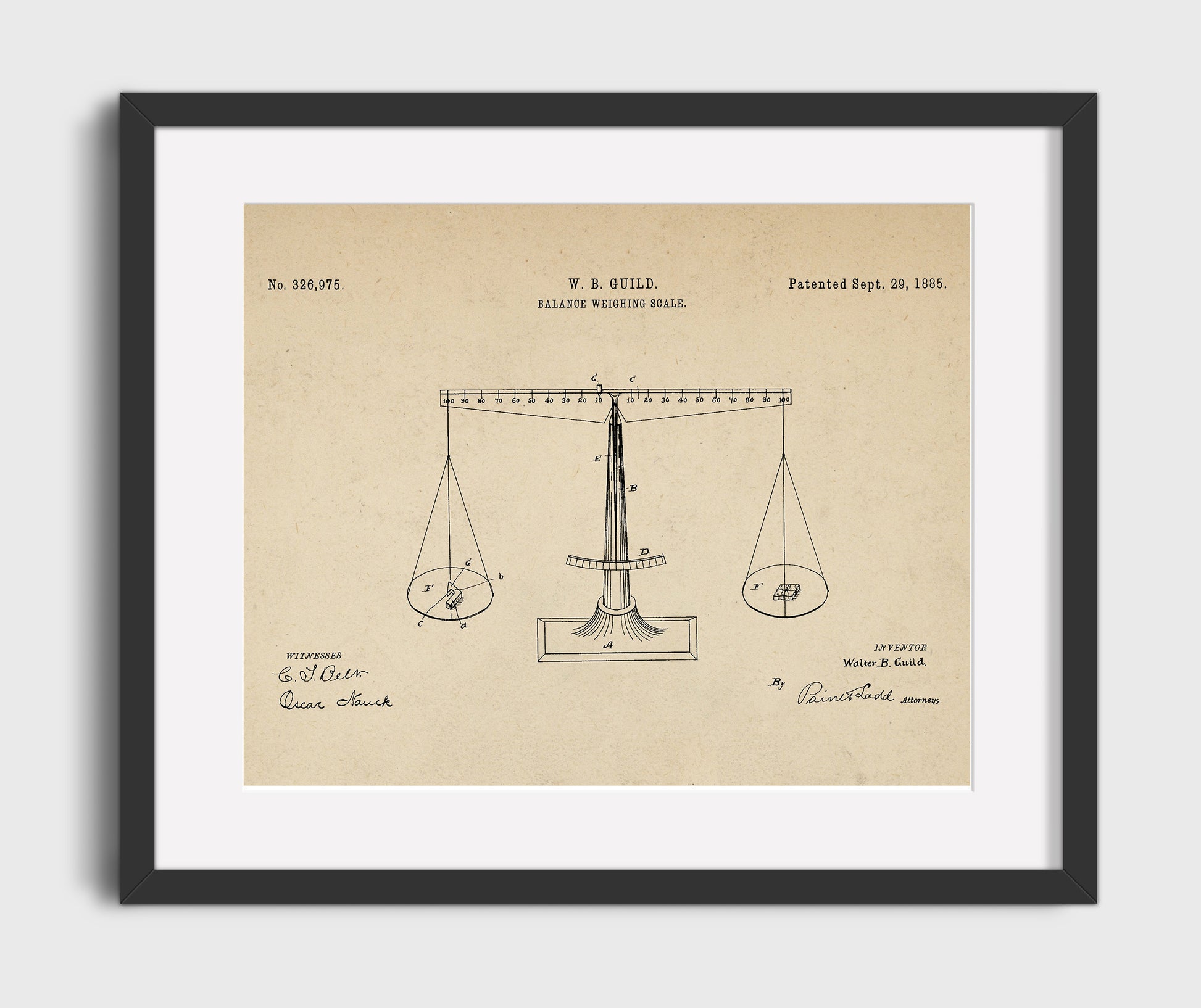 Patent Print - Balance Weighing Scale - Walter B. Guild - 1885 - Patent 326975 - Landscape Patent Wall Art