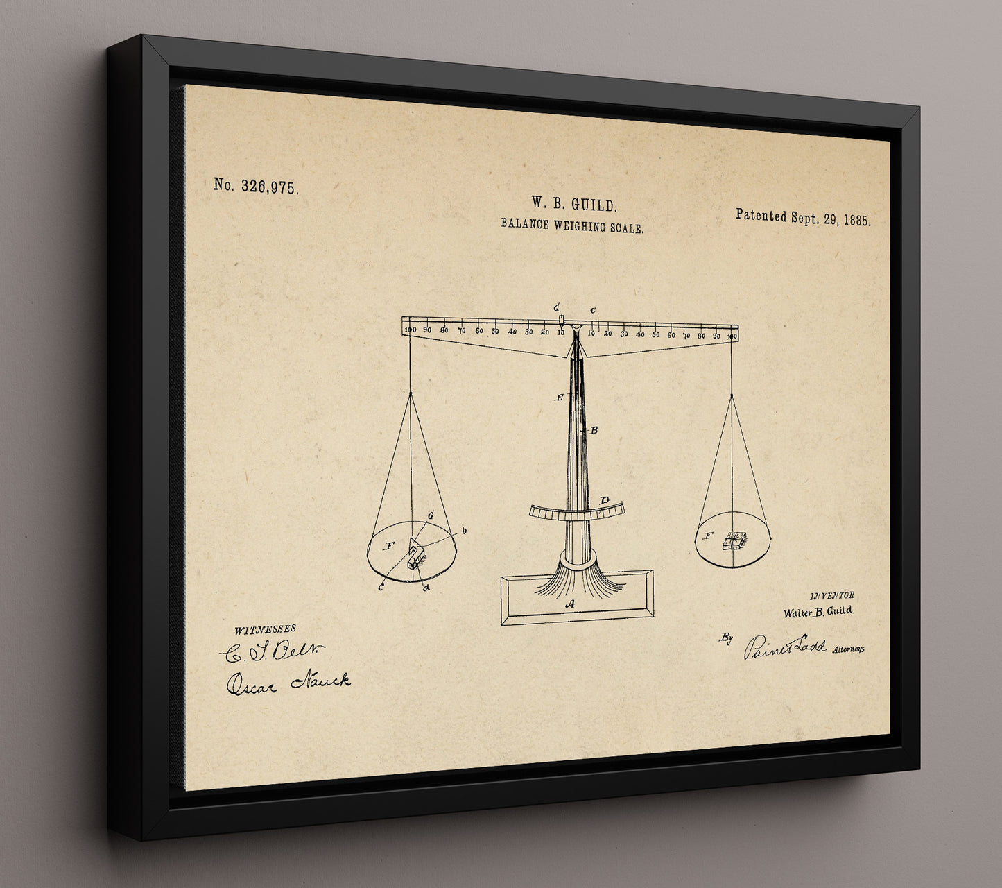 Patent Print - Balance Weighing Scale - Walter B. Guild - 1885 - Patent 326975 - Landscape Patent Wall Art