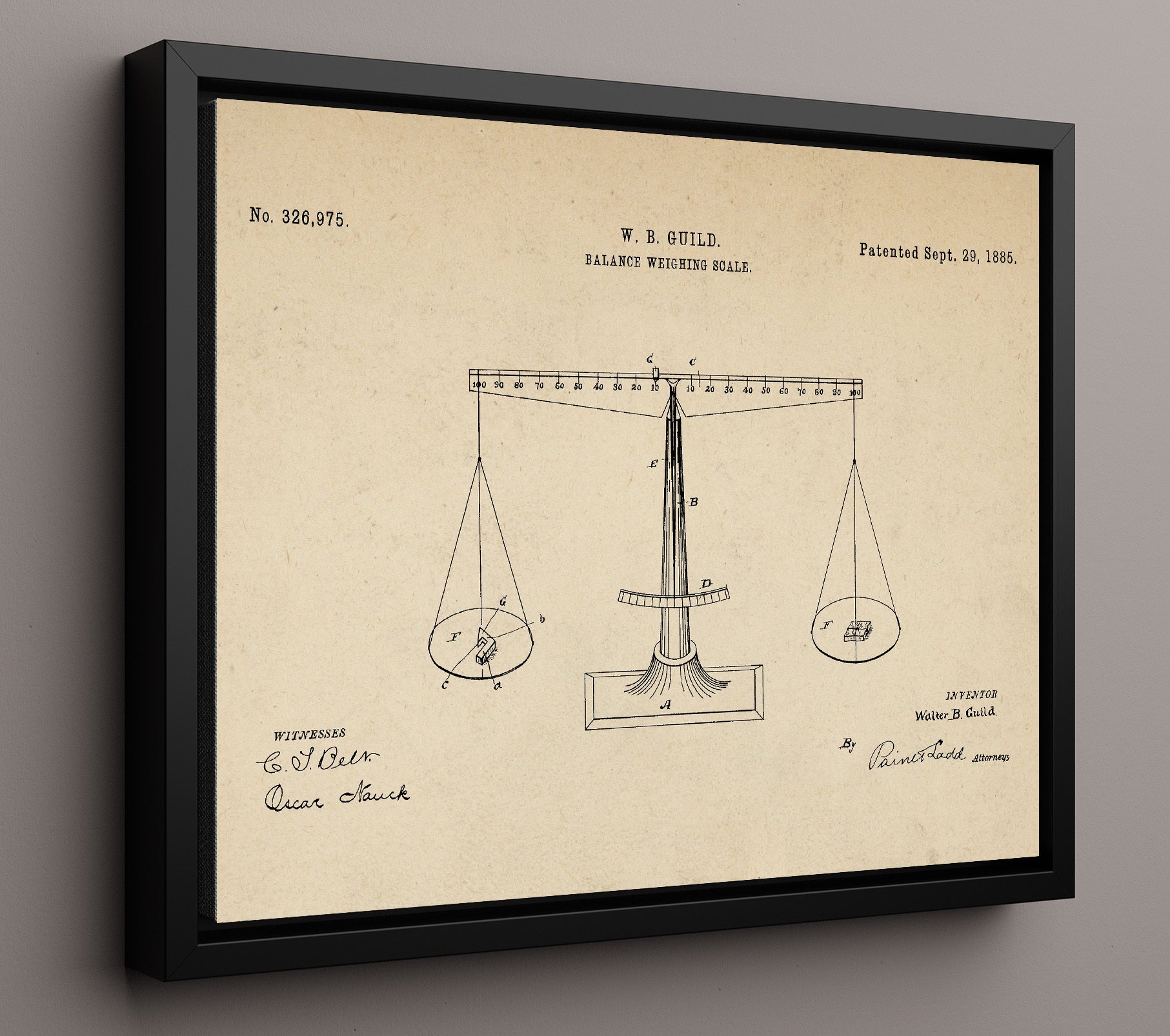 Patent Print - Balance Weighing Scale - Walter B. Guild - 1885 - Patent 326975 - Landscape Patent Wall Art
