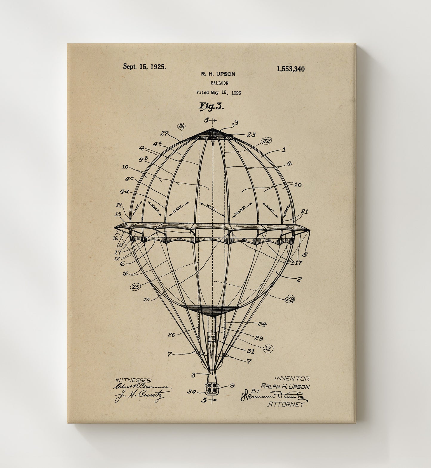 Patent Print - Balloon - Ralph H Upson - 1925 - Patent 1553340 Patent Wall Art