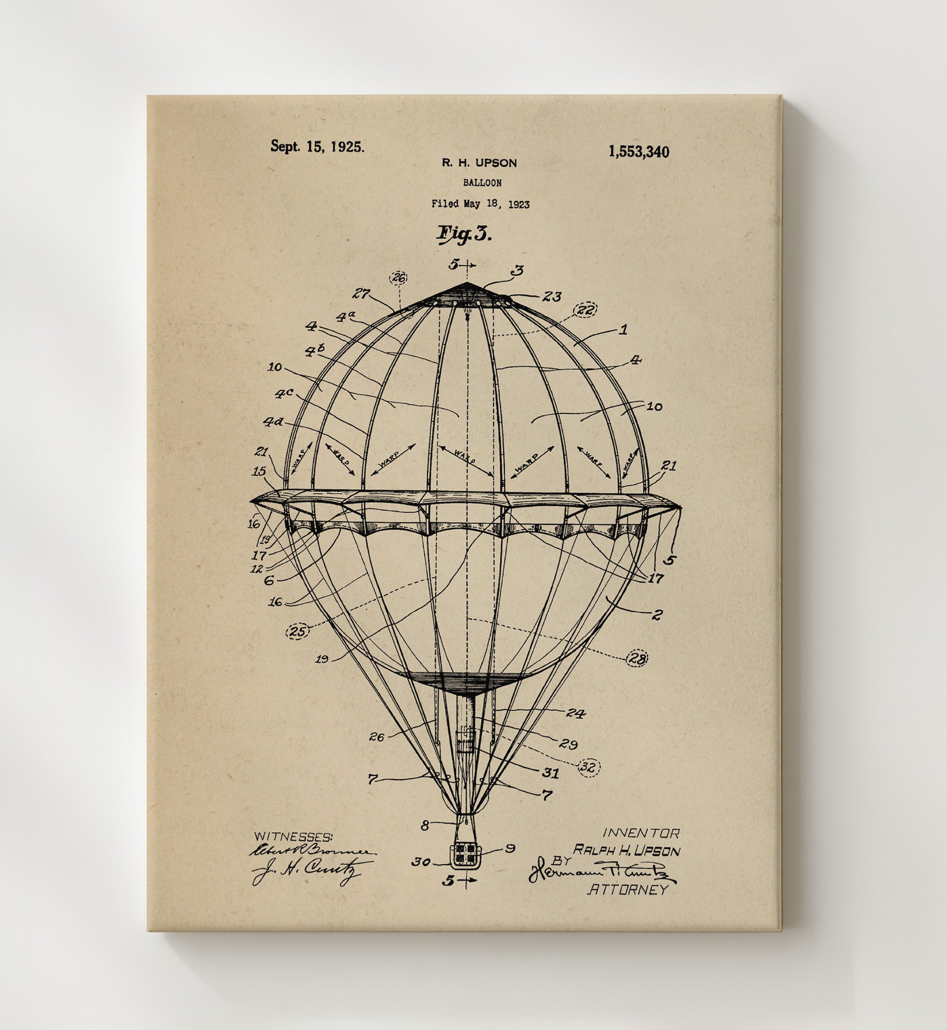 Patent Print - Balloon - Ralph H Upson - 1925 - Patent 1553340 Patent Wall Art