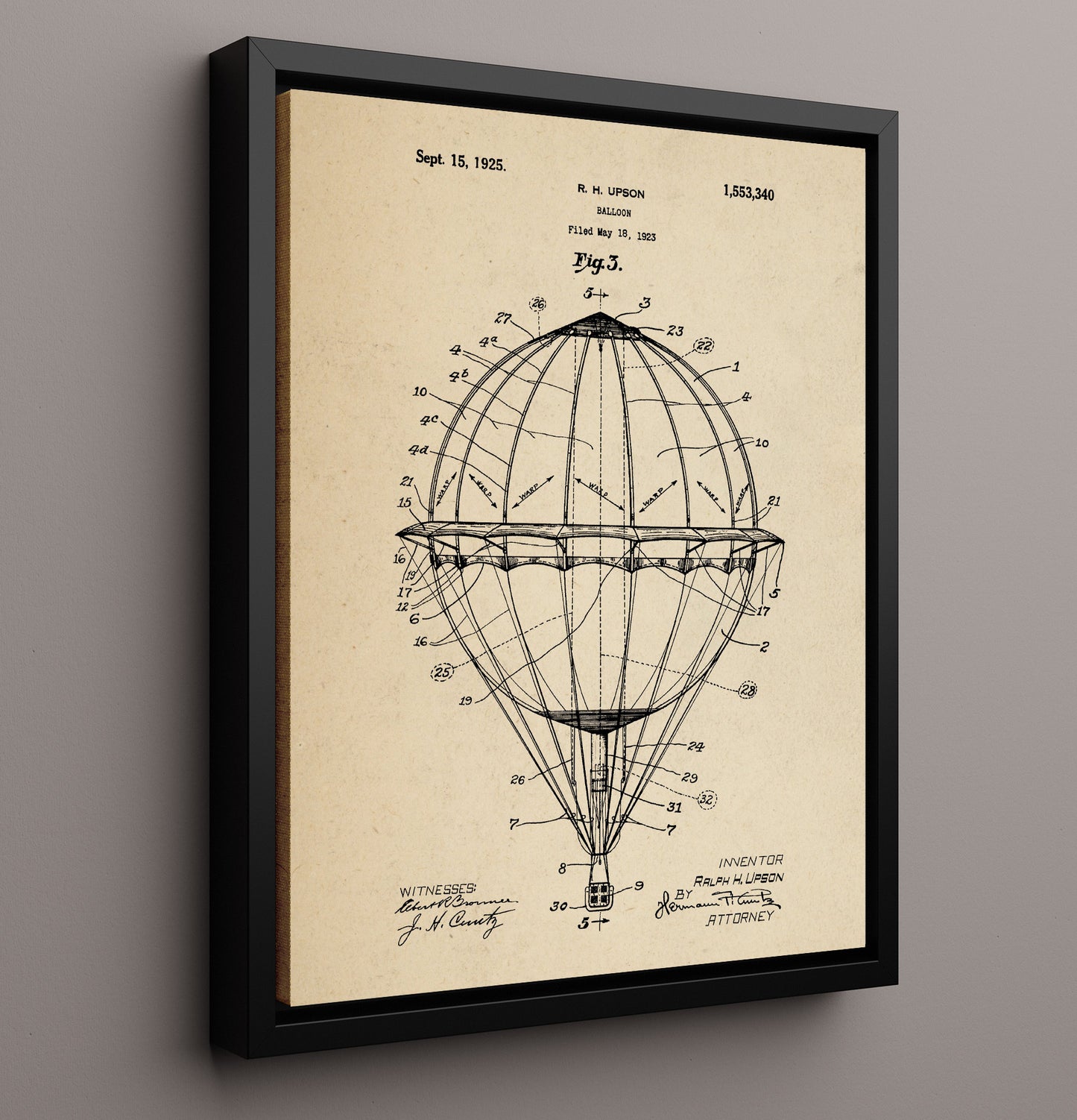 Patent Print - Balloon - Ralph H Upson - 1925 - Patent 1553340 Patent Wall Art