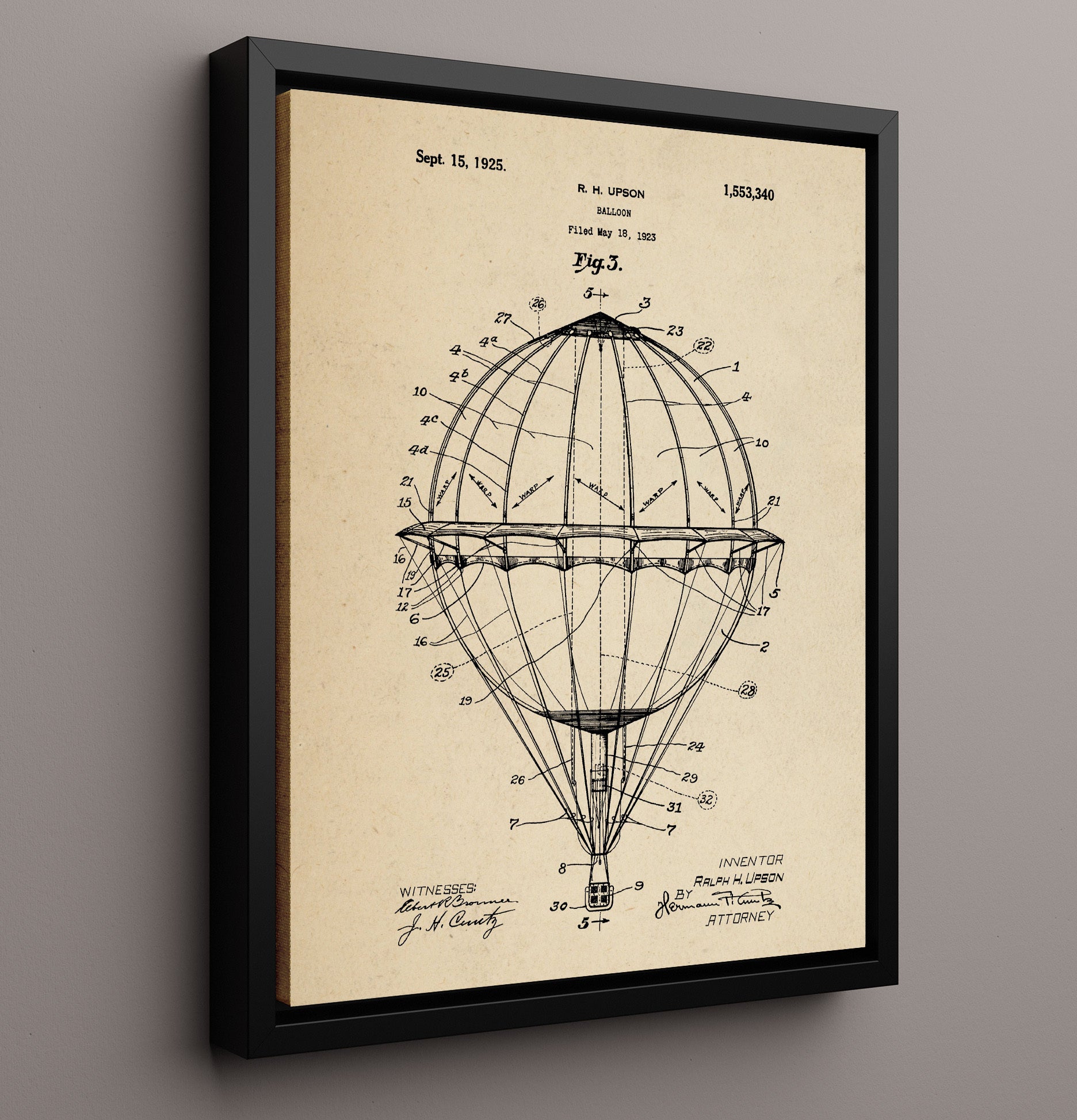 Patent Print - Balloon - Ralph H Upson - 1925 - Patent 1553340 Patent Wall Art