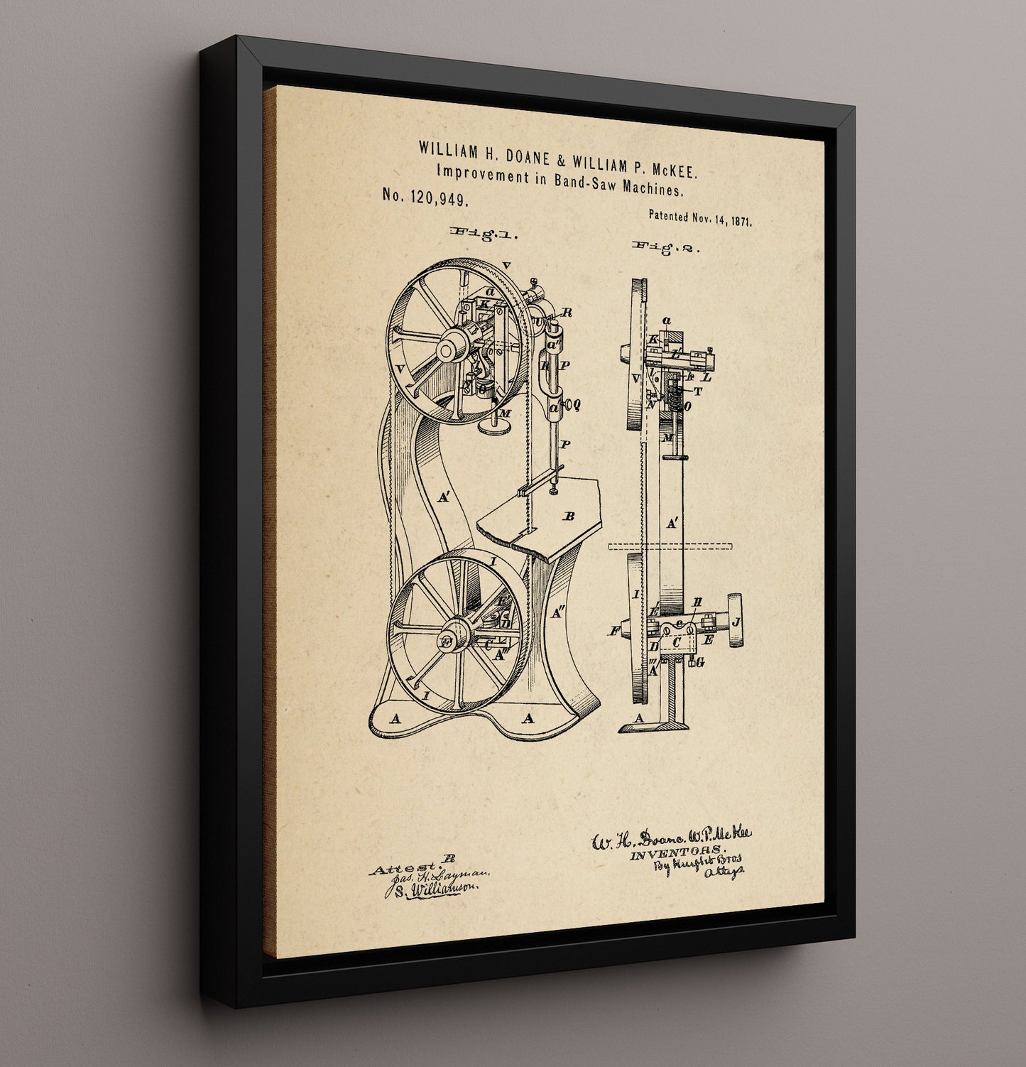 Patent Print - Band-Saw Machine - William H. Doane And William P. Mckee - 1871 - Patent 120949 Patent Wall Art