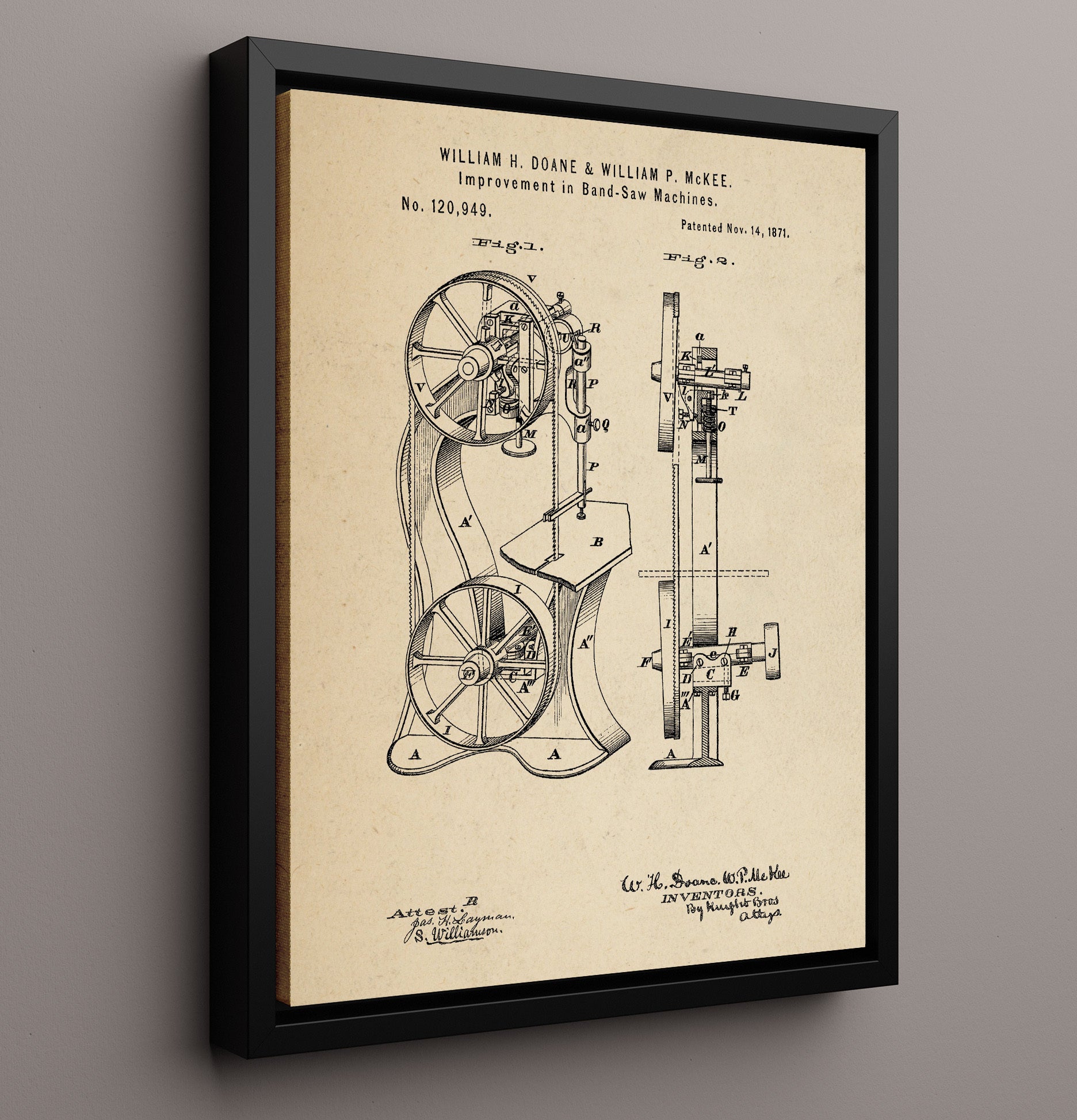 Patent Print - Band-Saw Machine - William H. Doane And William P. Mckee - 1871 - Patent 120949 Patent Wall Art