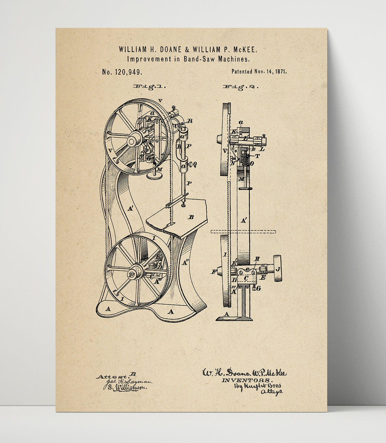 Patent Print - Band-Saw Machine - William H. Doane And William P. Mckee - 1871 - Patent 120949 Patent Wall Art