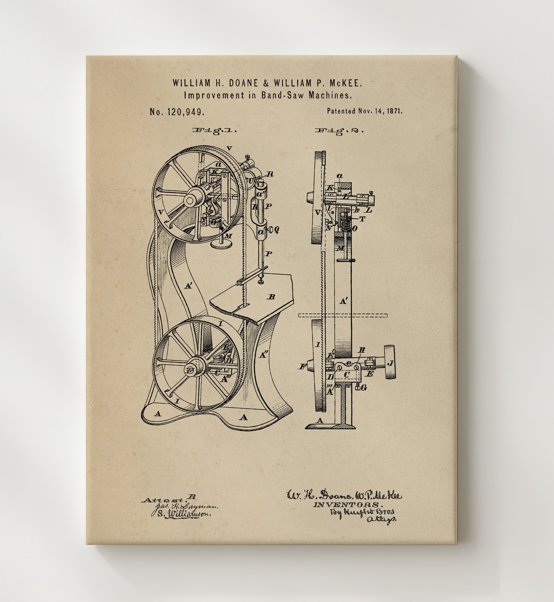 Patent Print - Band-Saw Machine - William H. Doane And William P. Mckee - 1871 - Patent 120949 Patent Wall Art