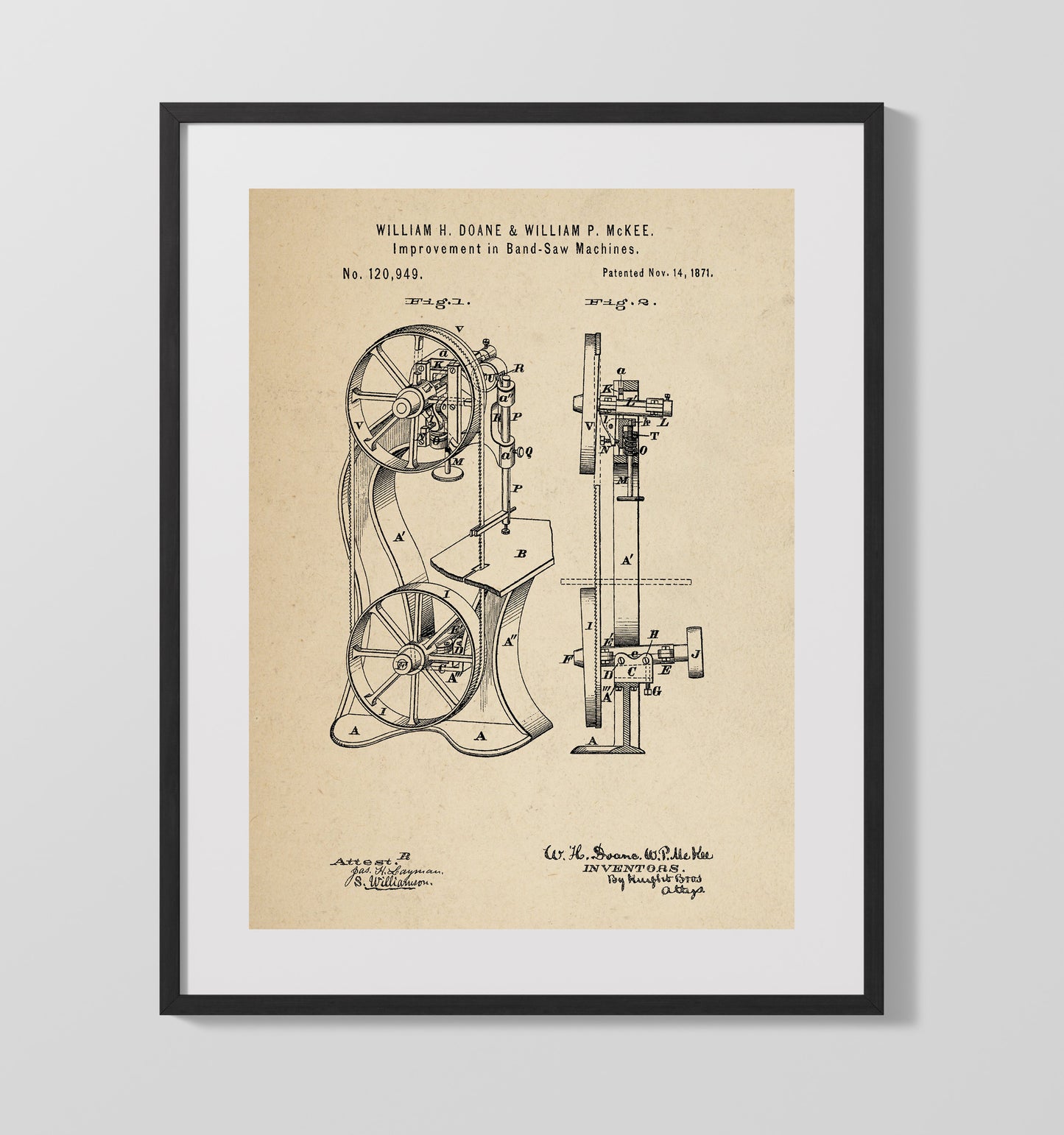 Patent Print - Band-Saw Machine - William H. Doane And William P. Mckee - 1871 - Patent 120949 Patent Wall Art