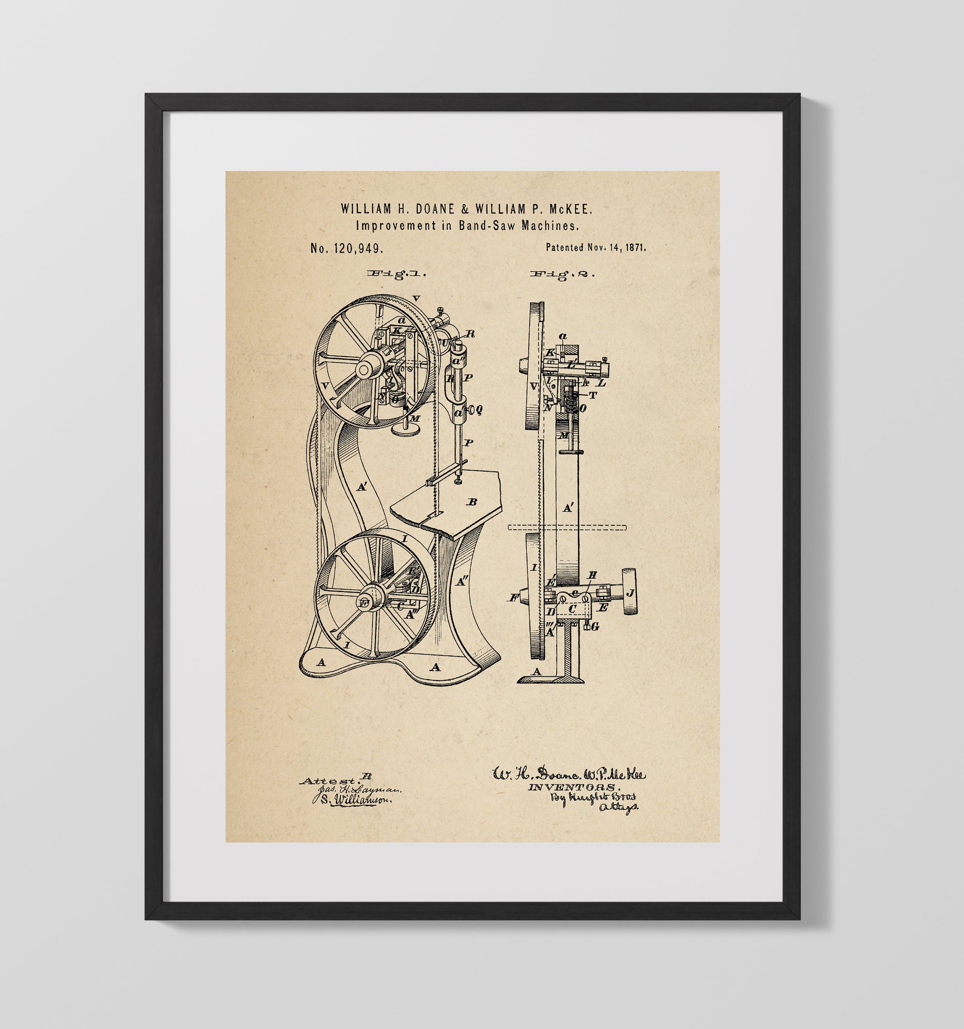 Patent Print - Band-Saw Machine - William H. Doane And William P. Mckee - 1871 - Patent 120949 Patent Wall Art